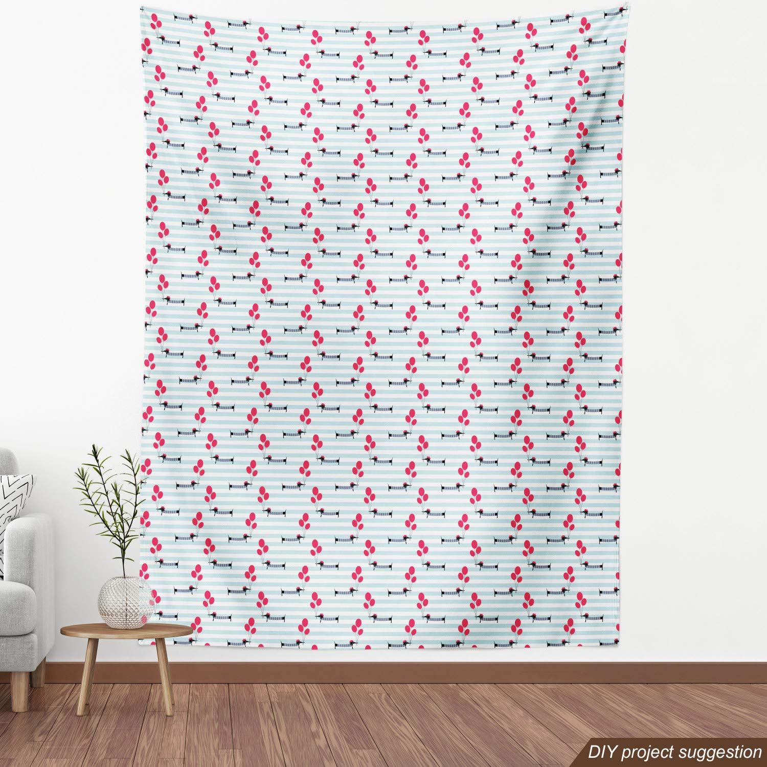 Ambesonne Dachshund Fabric by The Yard - Dog Wearing Beret & Shirt Holding Balloons on Striped Background - Decorative Upholstery Fabric for Sofa, Curtains & Home Decor (3 Yards, Vermilion Pale Blue) - Perfect for DIY Pillows, Quilts & Craft Projects