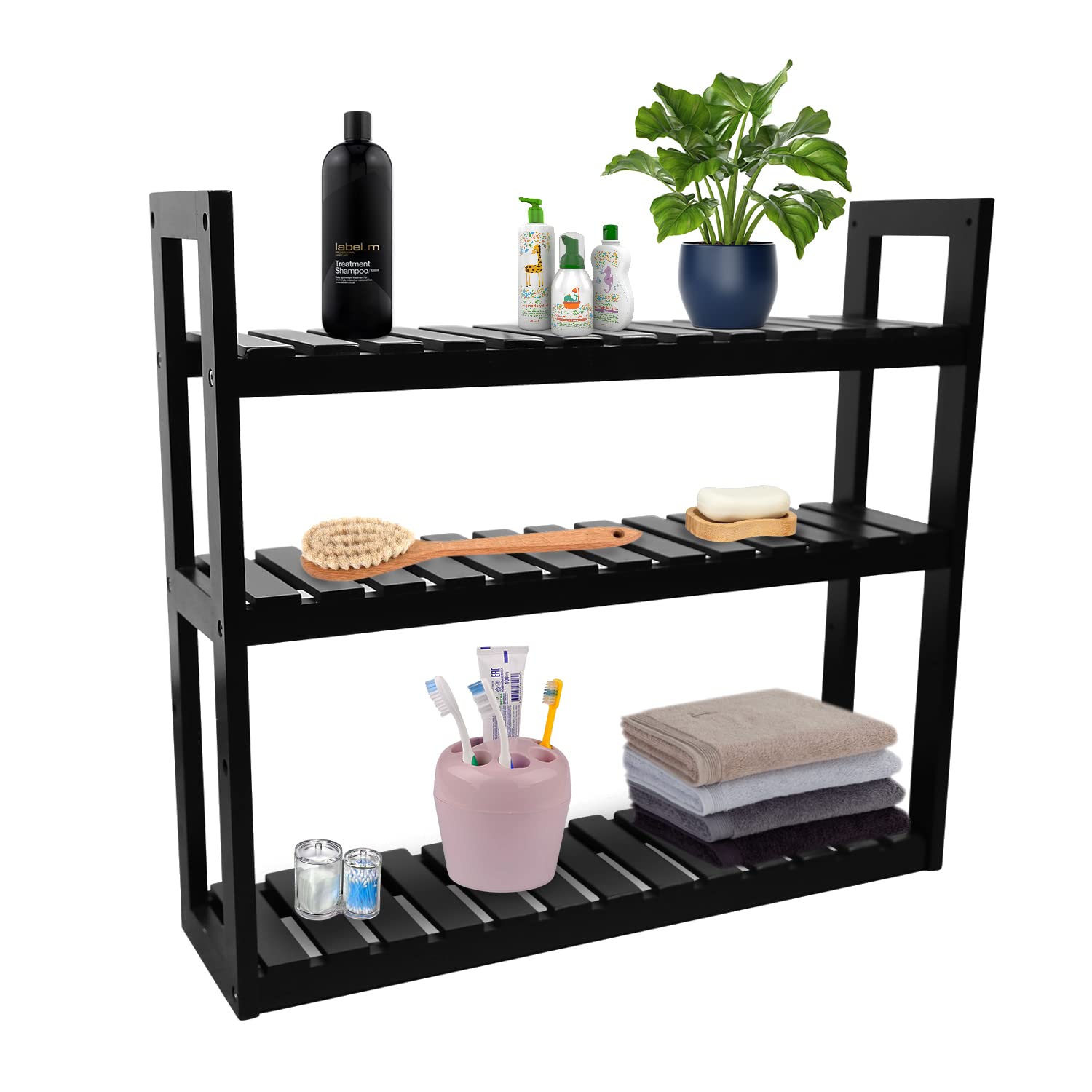 3-Tier Adjustable Bamboo Bathroom Shelf Organizer - Wall Mounted Over Toilet Storage Rack for Bathroom, Kitchen & Living Room - Space Saving Home Organization Solution - Perfect for Storing Towels, Toiletries, Cosmetics & Kitchen Supplies - Black