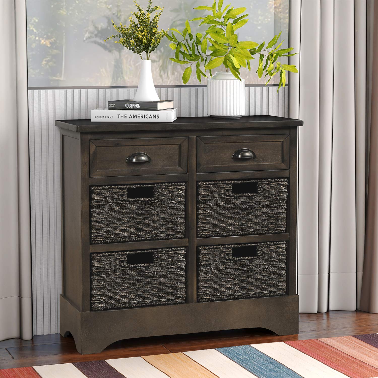 Gelsey Storage Cabinet with 2 Drawers & 4 Rattan Baskets - Entryway, Living Room, Kitchen Organizer (Brown Gray)