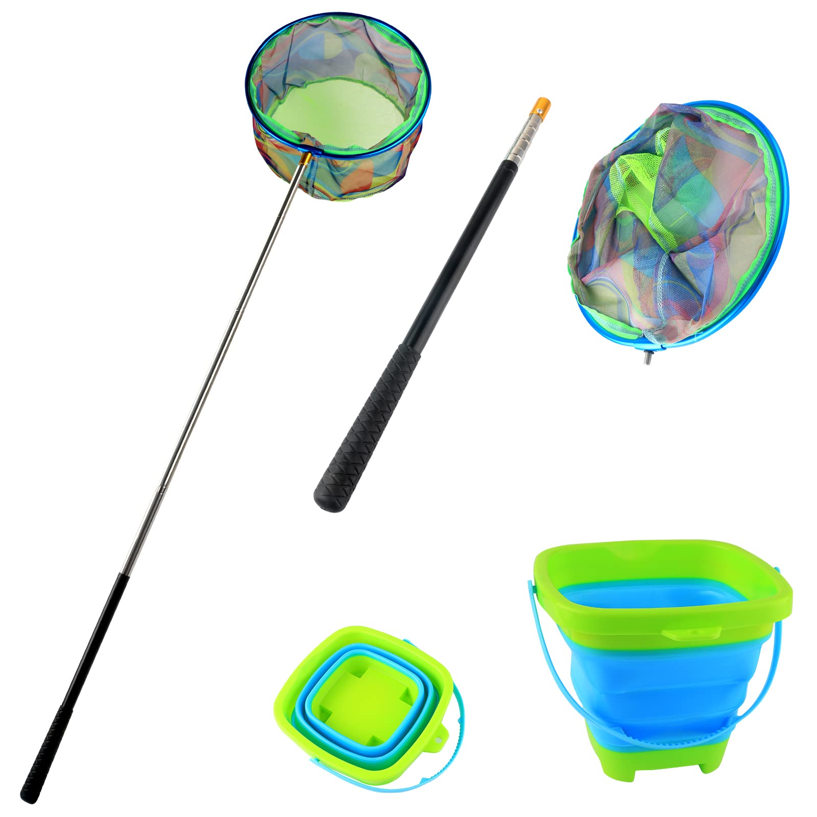 7-Inch Floating Telescopic Folding Fishing Net with Pliers & Lip Gripper - Foldable Sand Bucket Included | Portable Fishing Gear for Kids & Adults | Perfect for Beach, Lake & River Fishing