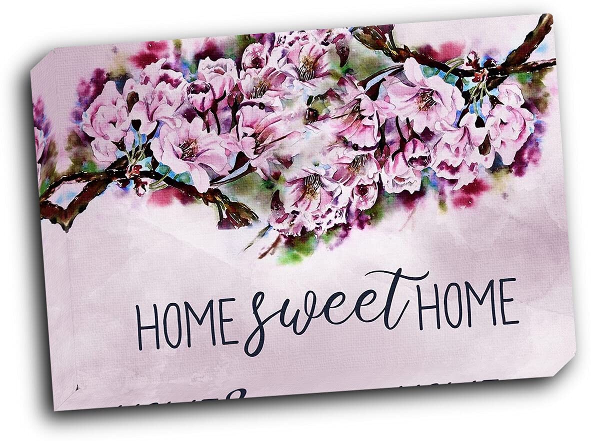Wallsthatspeak Home Sweet Home Cherry Blossoms 20x16 Inch Wall Art - Gallery Wrapped Canvas Painting for Living Room, Bedroom & Office Decor