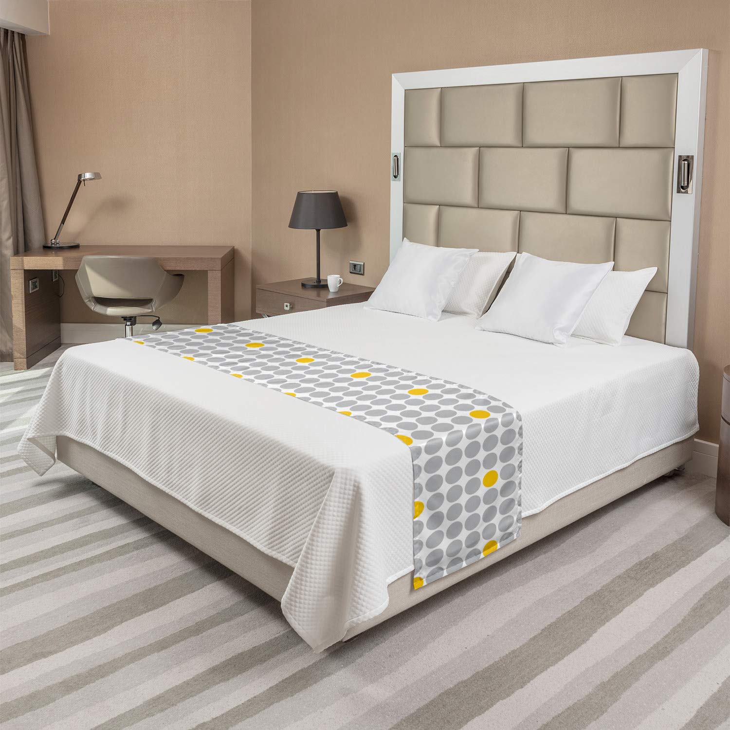 Ambesonne Abstract Bed Runner, Grey Yellow Polka Dots - Hotel & Home Decor