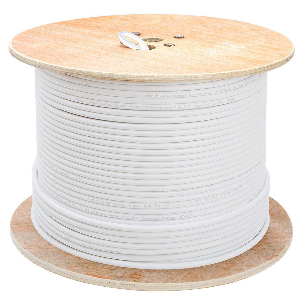 RG6 Quad Shield White 1000ft Coaxial Cable on Wooden Spool - High-Speed Internet & HD TV Signal Transmission for Home Theater & Security Systems