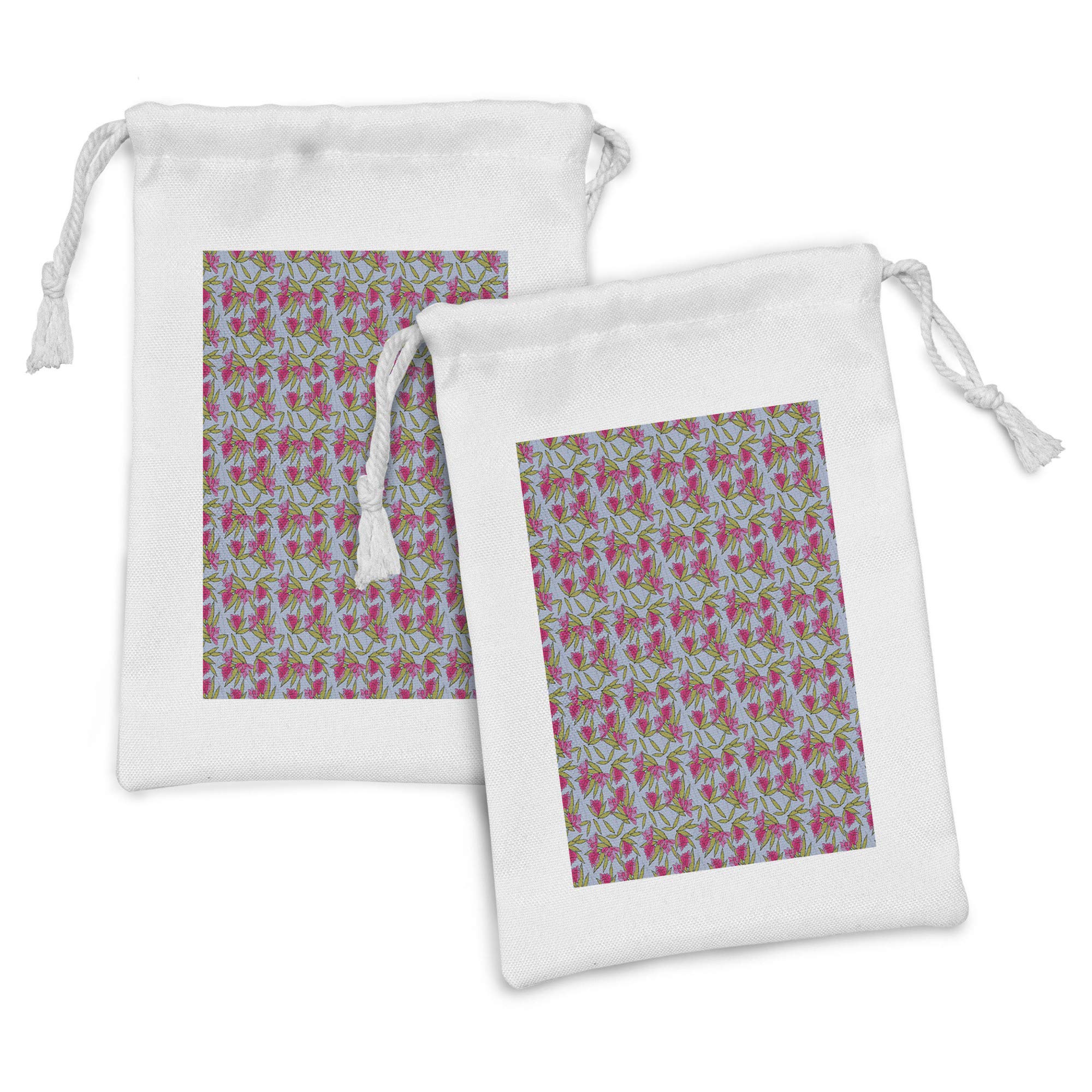 Ambesonne Floral Fabric Pouch Set of 2 - Cartoon Style Flower Drawstring Bags for Toiletries, Masks & Party Favors (9