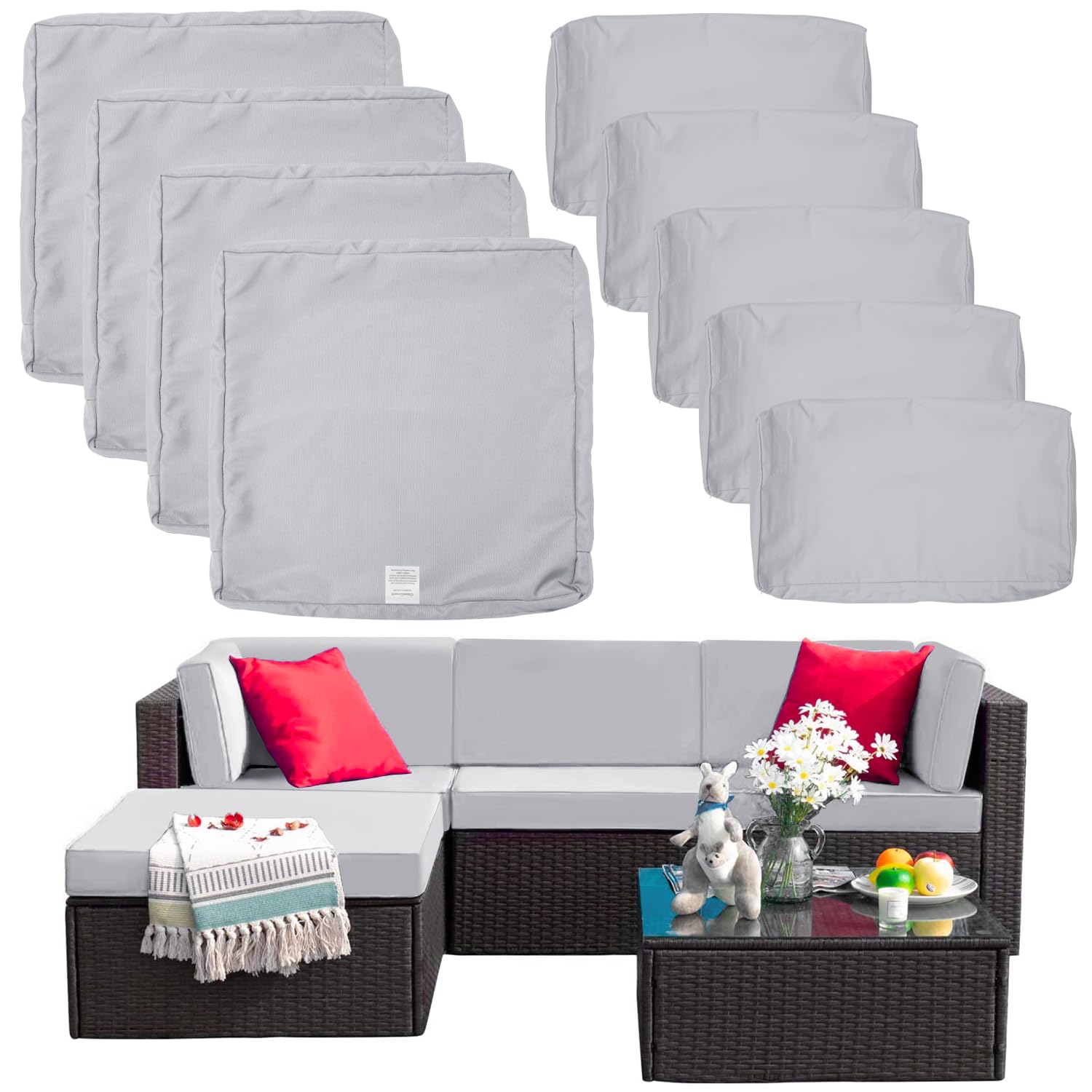 9 Pack Outdoor Patio Cushion Covers Set - Replacement Covers for 5-Piece 4-Seater Wicker Rattan Sectional Sofa (Gray, Cover Only, Large Size) - Perfect for Backyard, Deck, Poolside & Garden Furniture Protection