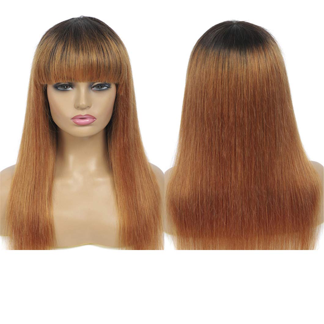 Ombre Brown Brazilian Straight Human Hair Wig with Bangs - 14 Inch Non-Lace Machine Made Wig for Black Women | Natural Look, Comfortable Wear | Perfect for Daily Use, Parties & Special Occasions