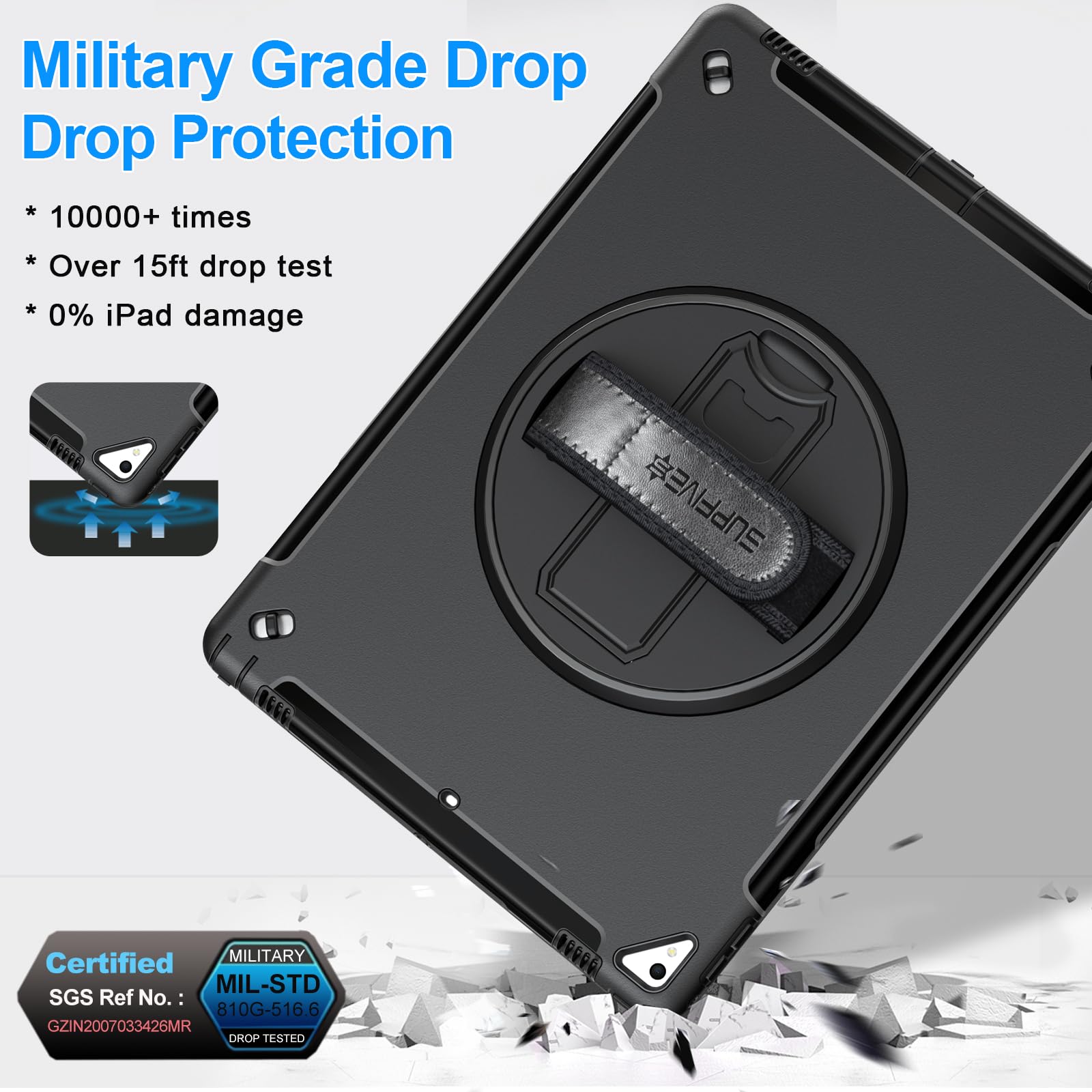 SUPFIVES Military Grade Shockproof iPad Pro 12.9 Case (1st & 2nd Gen 2015/2017) - Heavy Duty Silicone Cover with Pencil Holder, Handle, Shoulder Strap & Rotating Stand - Perfect for Travel, Work & Outdoor Use - Black