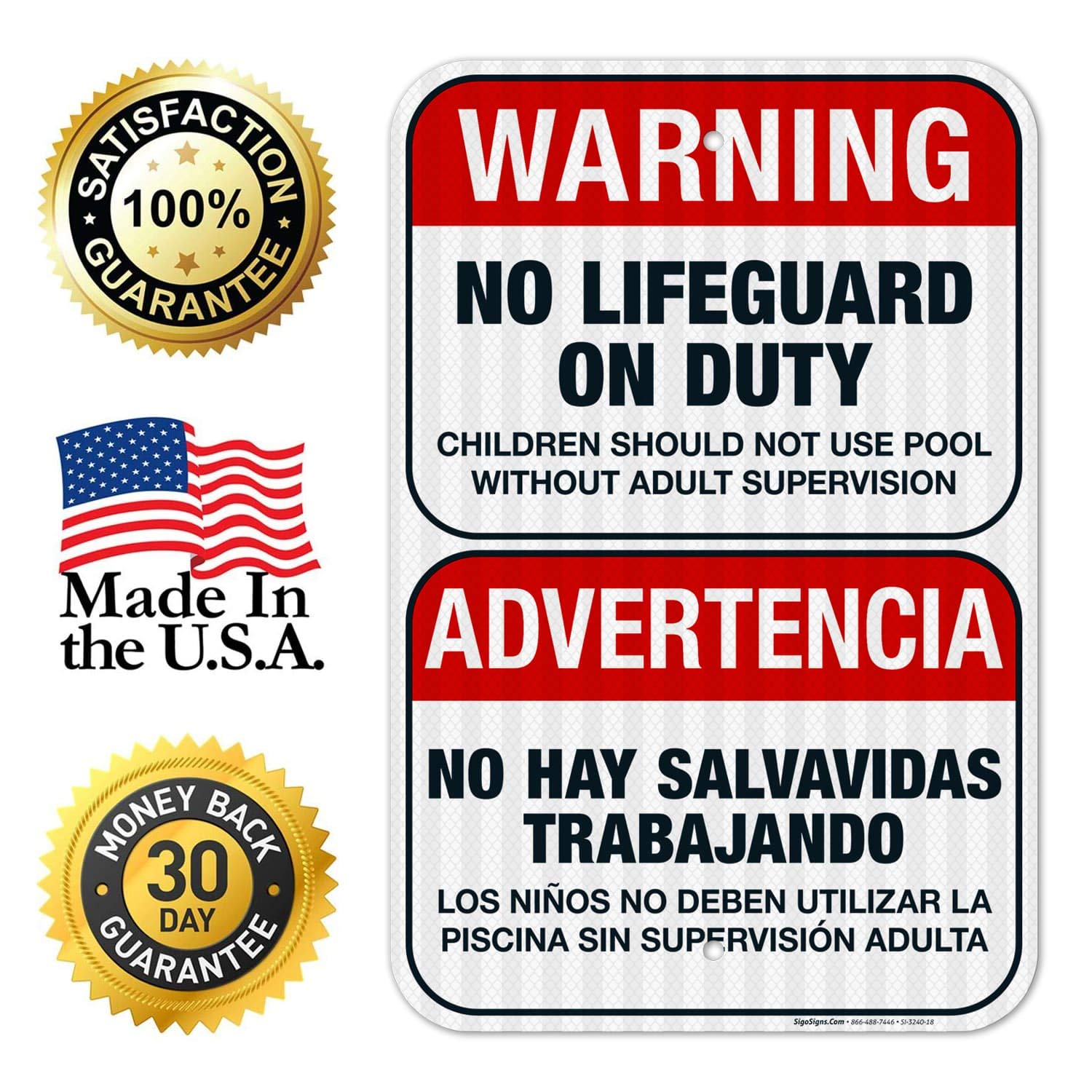 Bilingual No Lifeguard On Duty Sign - Spanish/English 12x18 Inch | 3M EGP Reflective .063 Aluminum | Fade Resistant & Easy Mounting | Indoor/Outdoor Safety Sign | Made in USA | Perfect for Pools, Beaches & Water Parks