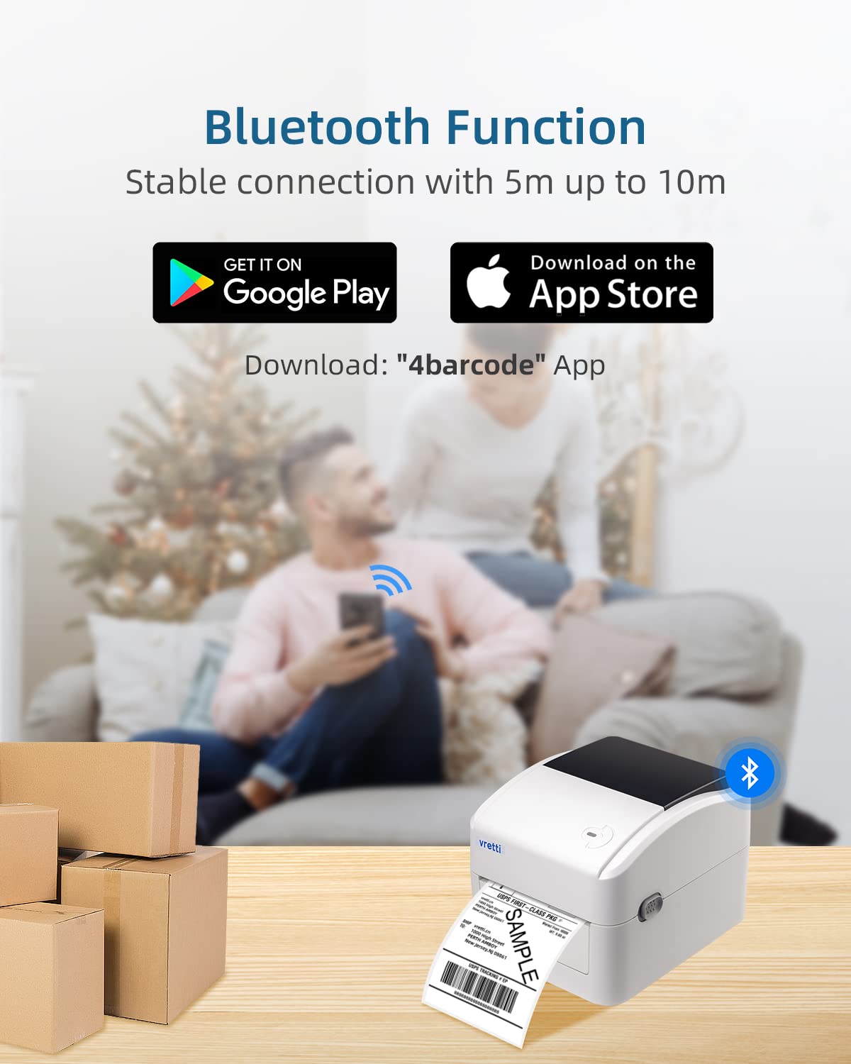 Vretti Bluetooth Thermal Label Printer - Wireless Shipping Label Printer for Small Business & Ecommerce Packages | Compatible with iPhone, Android, USPS, Amazon, UPS, FedEx | Perfect for Home Office, Warehouse & Online Sellers