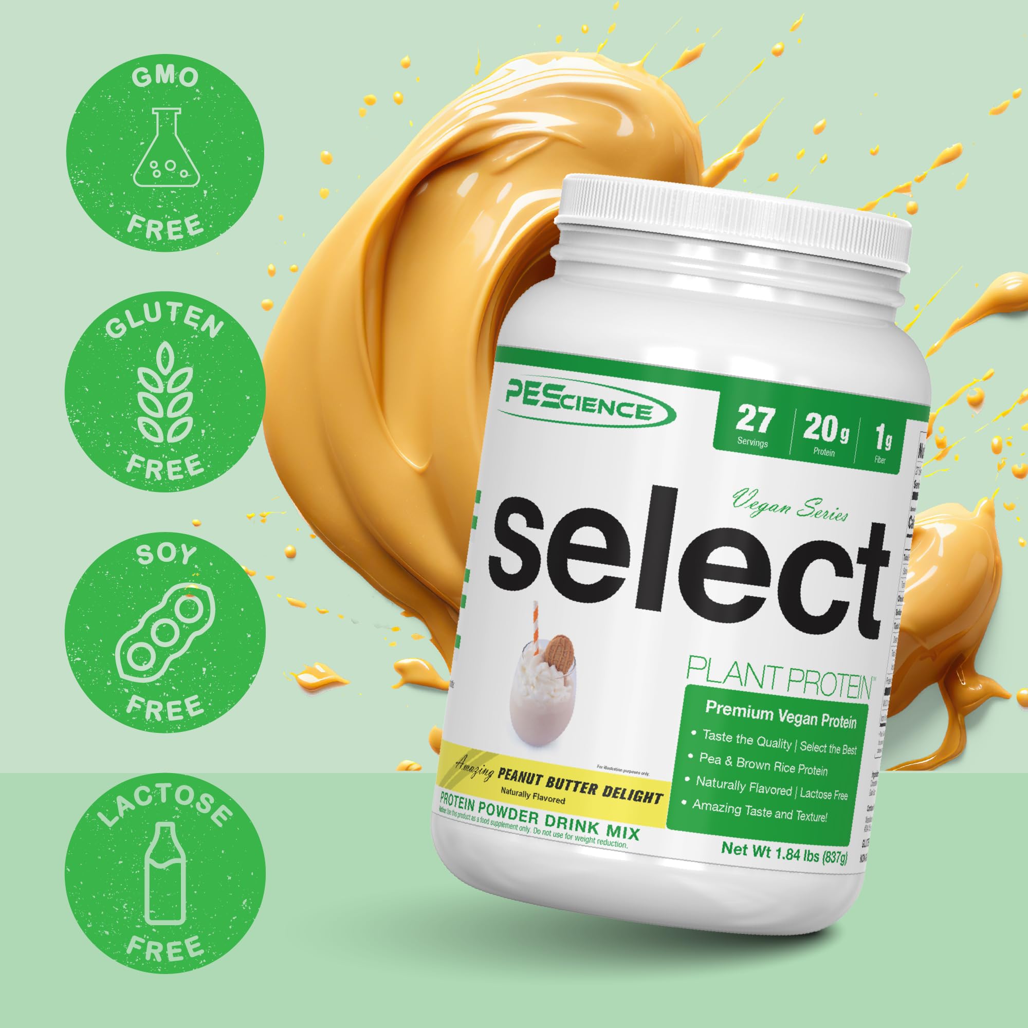 PEScience Select Vegan Plant Based Protein Powder - Peanut Butter Delight Flavor, 27 Servings, Premium Pea & Brown Rice Protein Blend for Muscle Recovery & Post-Workout Nutrition | Ideal for Smoothies, Baking & Healthy Snacks
