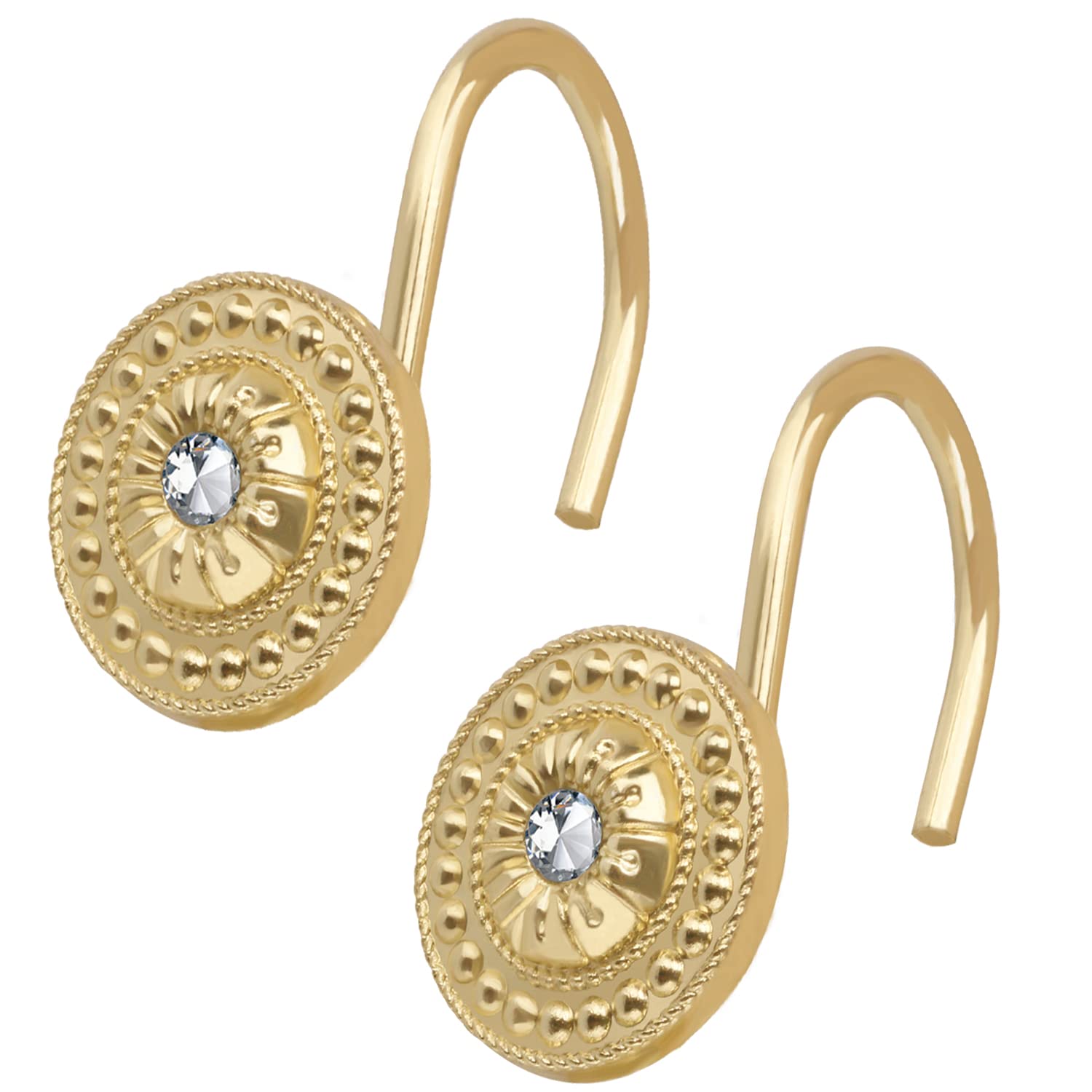Premium Gold Metal Shower Curtain Hooks with Clear Crystal Accents - Set of 12 Elegant Bathroom Accessories for Luxury Home Decor & Spa Experience