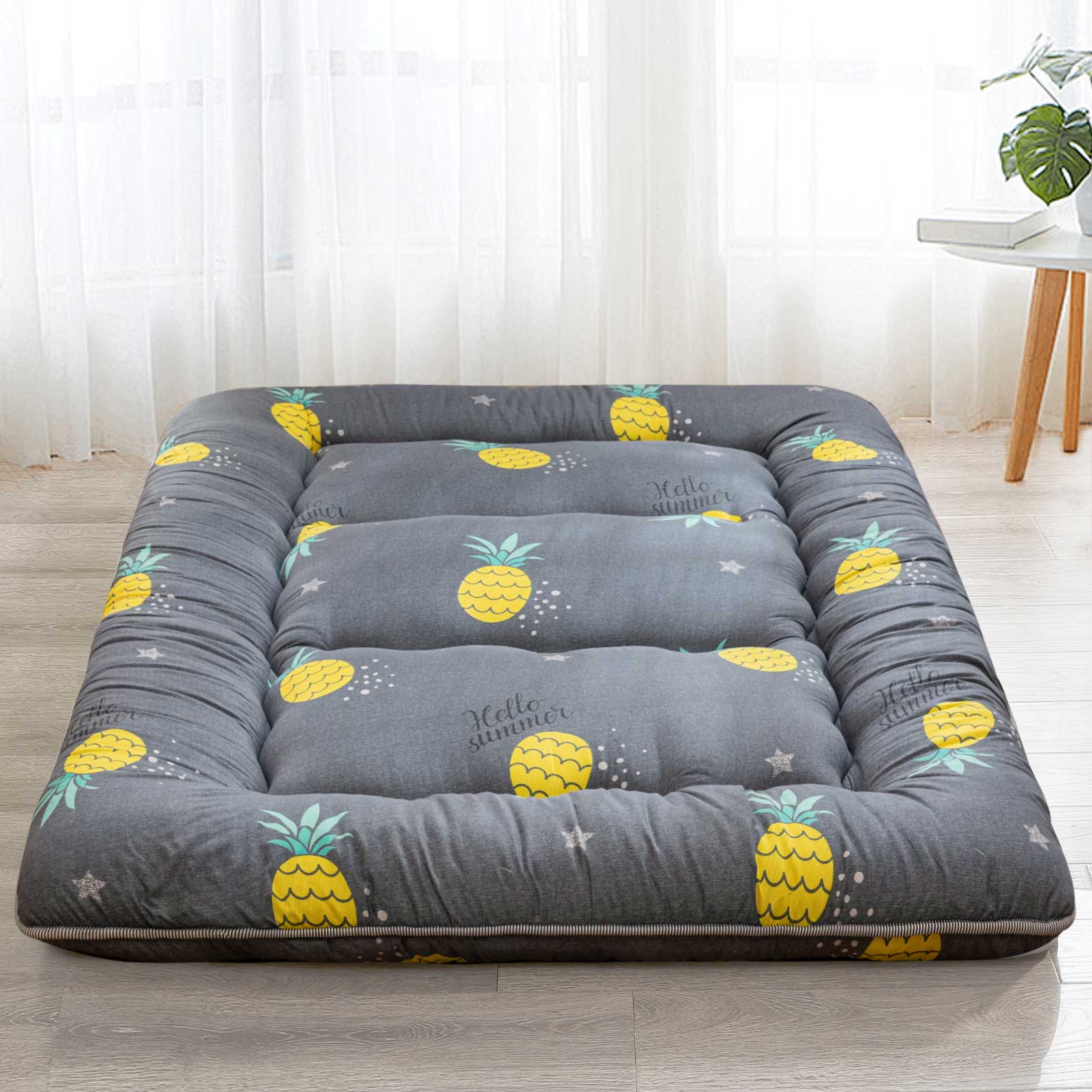 MAXYOYO Ultra Thick Grey Pineapple Futon Floor Mattress - Foldable Guest Bed for Small Spaces, Camping & Sleepovers
