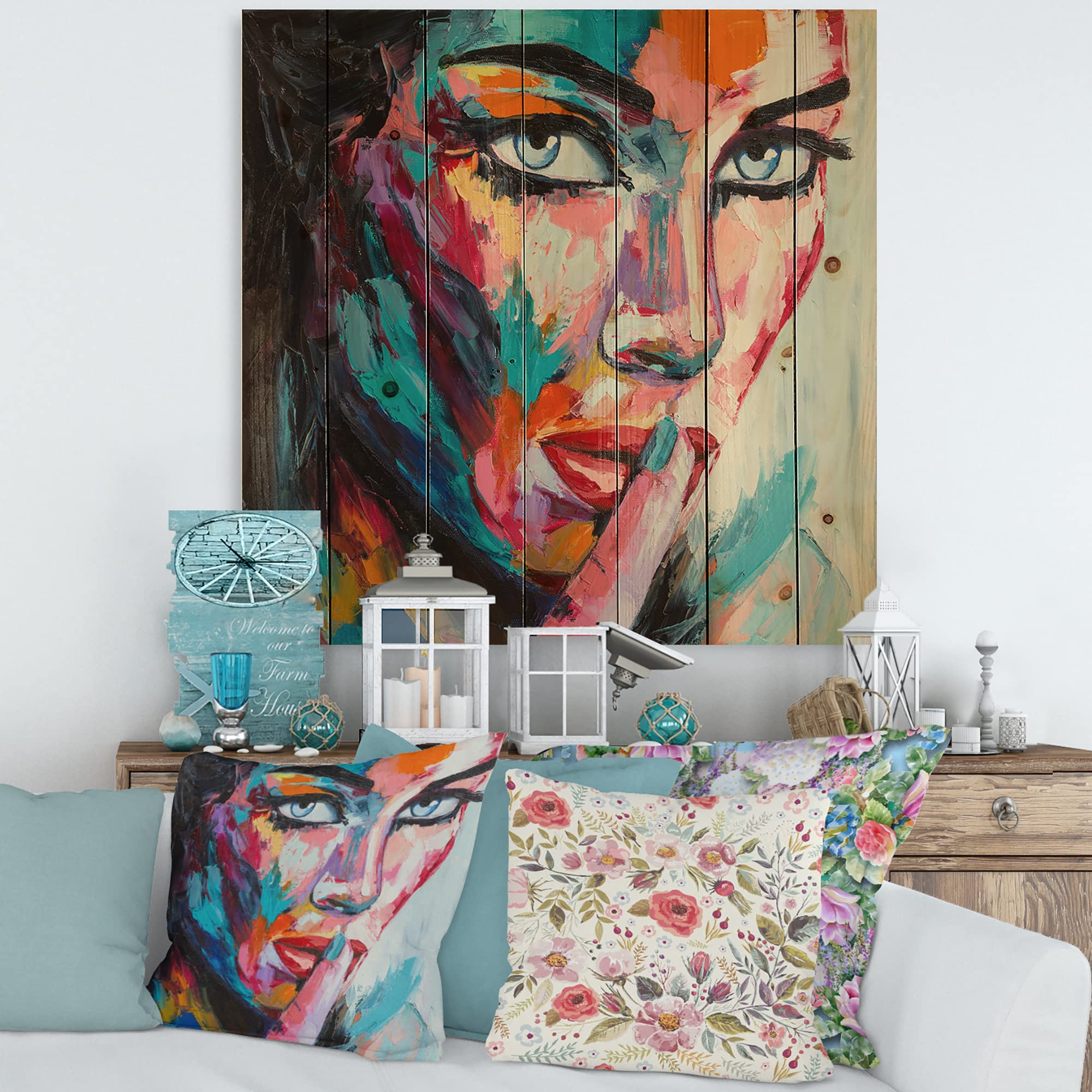 Abstract Portrait Wood Wall Art - Blue Eyes Woman on Pine for Living Room Decor