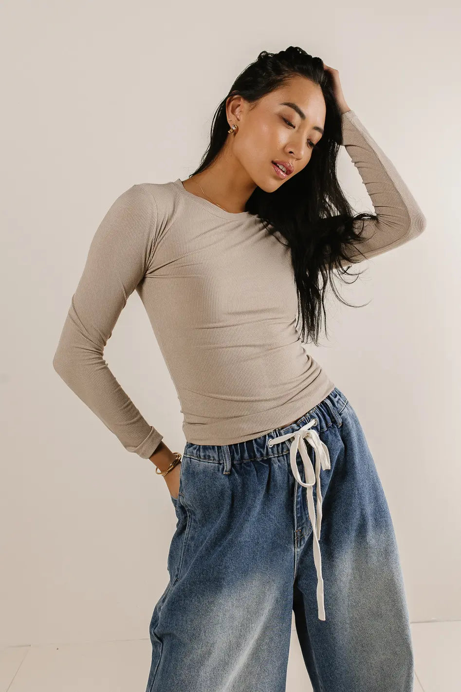 Journee Women's Ribbed Knit Top in Tan - Soft Stretch Casual Shirt for Layering, Tucking, or Wearing Alone - Perfect for Work, Date Night & Everyday Outfits