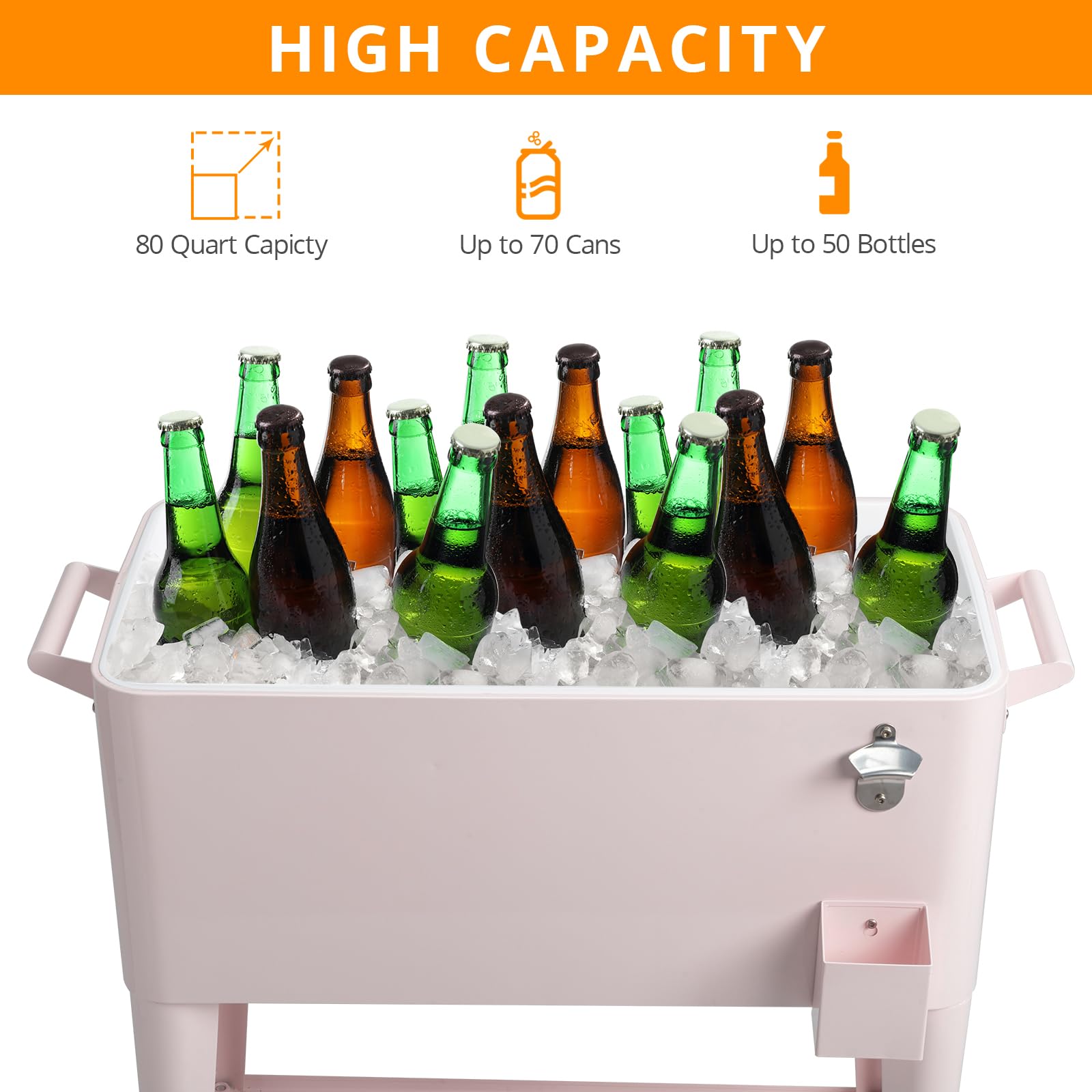 80 Quart Rolling Cooler Cart with Removable Shelf & Built-in Bottle Opener - Heavy Duty Outdoor Cooler for Camping, Beach, Tailgating & Backyard Parties