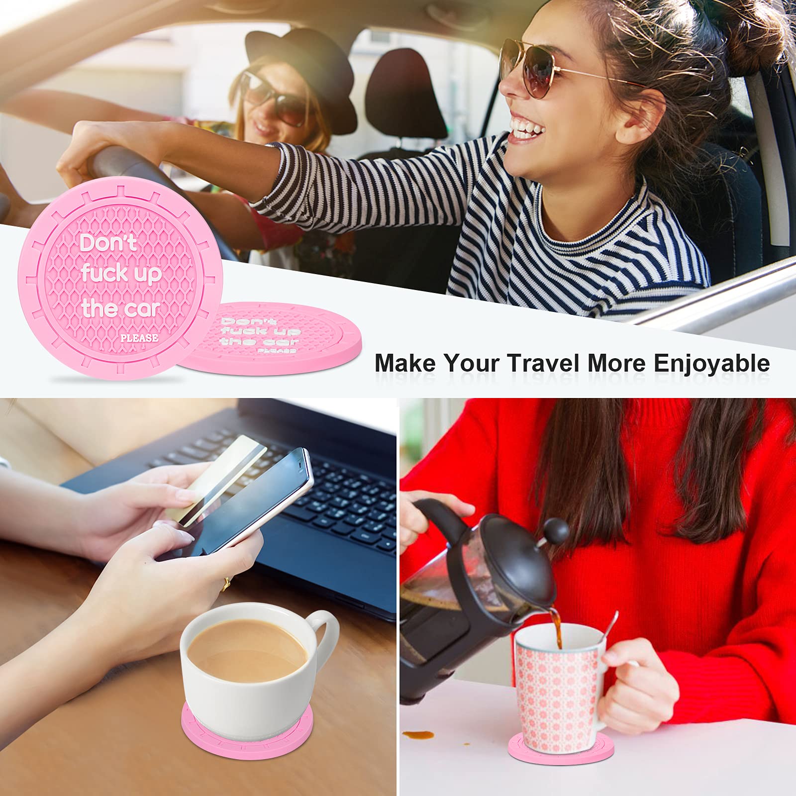 4PCS Non-Slip Silicone Car Cup Holder Coasters - Universal Fit for Most Vehicles, Pink Interior Accessories for Women | Perfect for Coffee, Drinks & Daily Commute