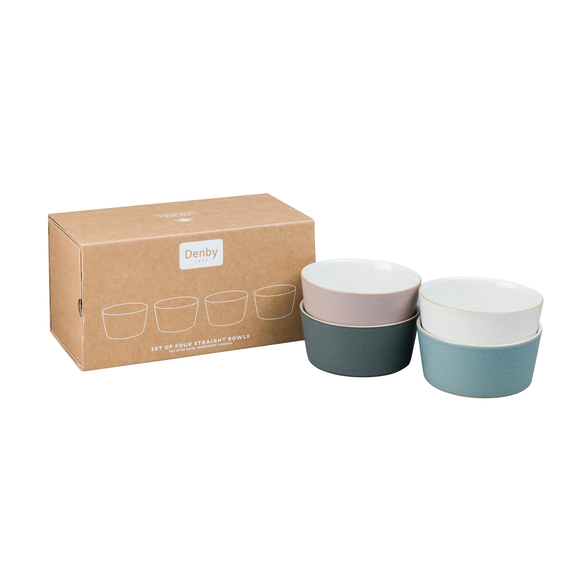 Denby Impression Mixed Color Straight Bowls Set of 4 - 13.5oz Microwave & Dishwasher Safe Ceramic Stoneware Rice Bowls - Pink, Cream, Blue & Black - Perfect for Dining, Meal Prep & Serving Dishes