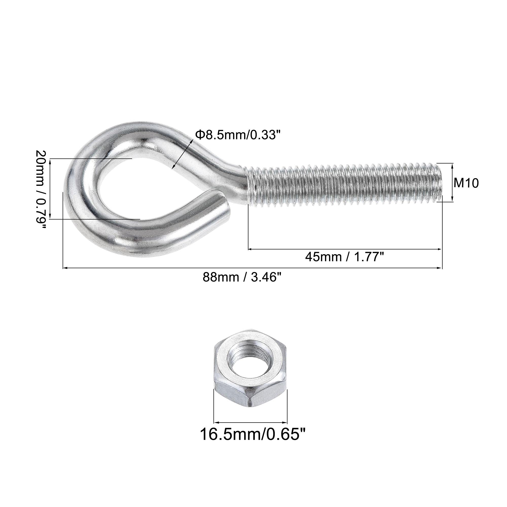 uxcell M10x50mm Eye Hooks Screws Bolts Kit - 2pcs Carbon Steel Hanger Eyelet Hooks with Hex Nuts for Metal & Wood Applications - Perfect for Hanging Plants, Wind Chimes, and Outdoor Decor