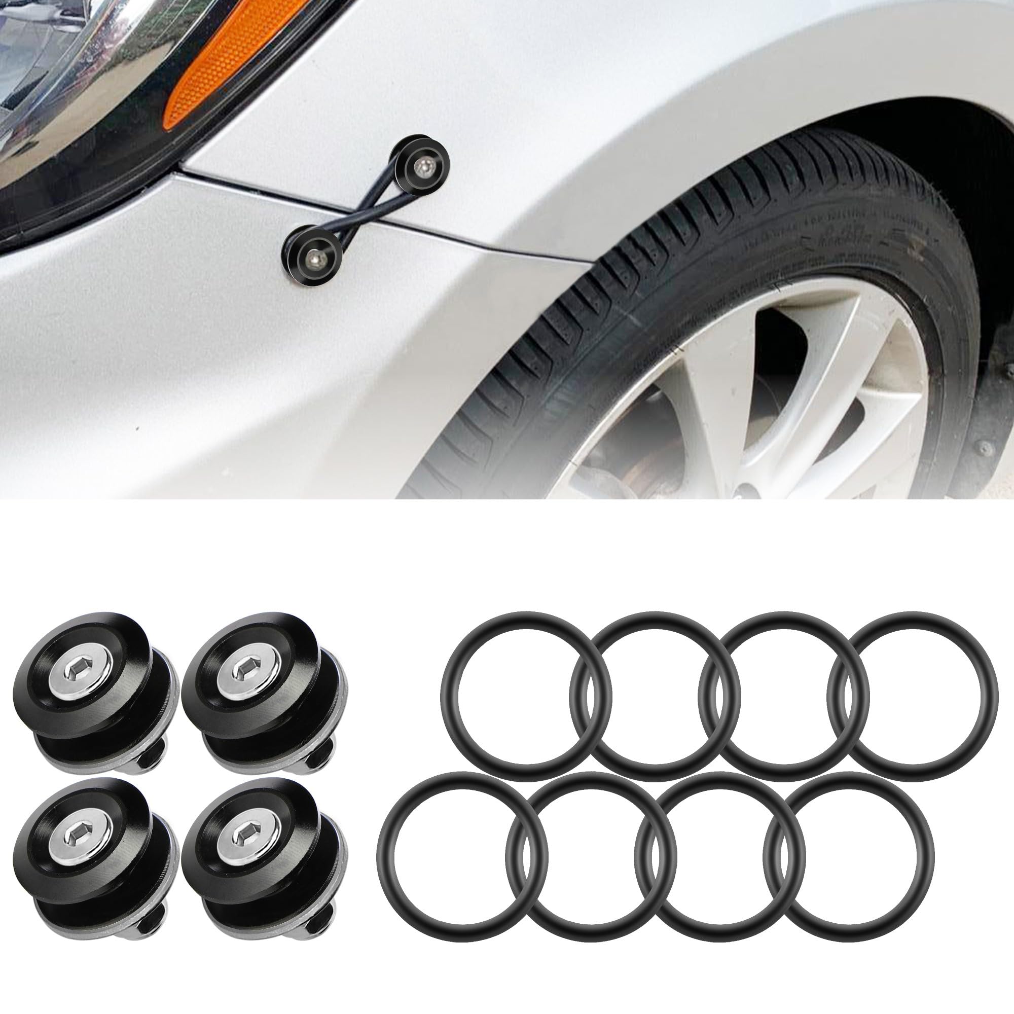 JDM Quick Release Bumper Fasteners Kit - 4 Piece Black Front & Rear Bumper Clips with 8 O-Rings | Universal Car Body Accessories for Easy Bumper Installation & Removal | Perfect for Auto Repair, Custom Builds & Car Shows