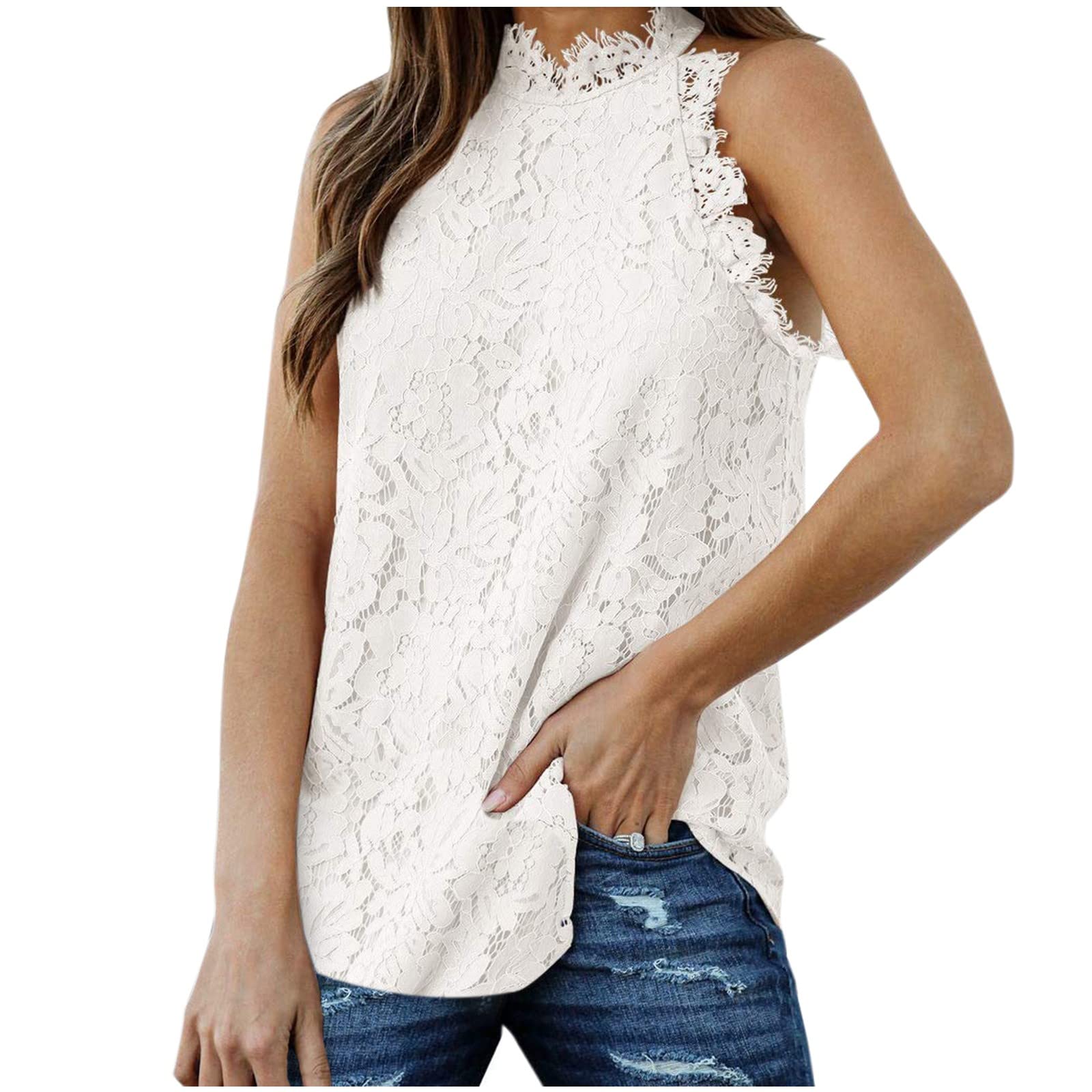 Lace Crochet Hollow Out Tank Top for Women - Summer Sleeveless Blouse (White, Plus Size) - Beach & Party Wear