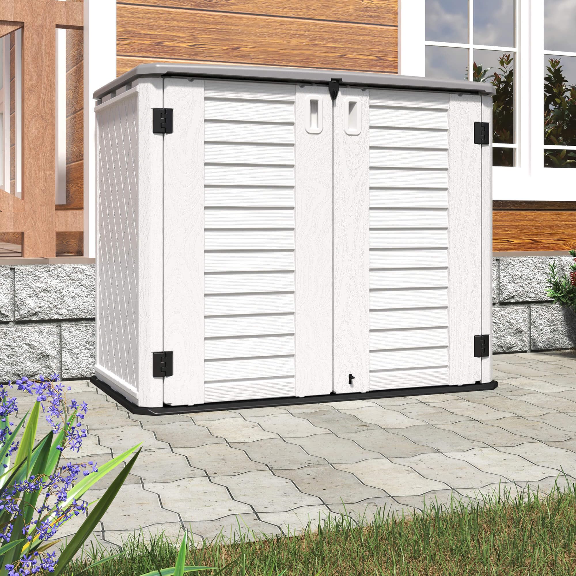 HOMSPARK 26 cu ft Weatherproof Outdoor Storage Shed - Water Resistant Multi-Purpose Cabinet for Bikes, Garbage Cans, Lawn Mowers & Garden Tools (Off-White) | Perfect for Backyard, Patio & Garage Organization