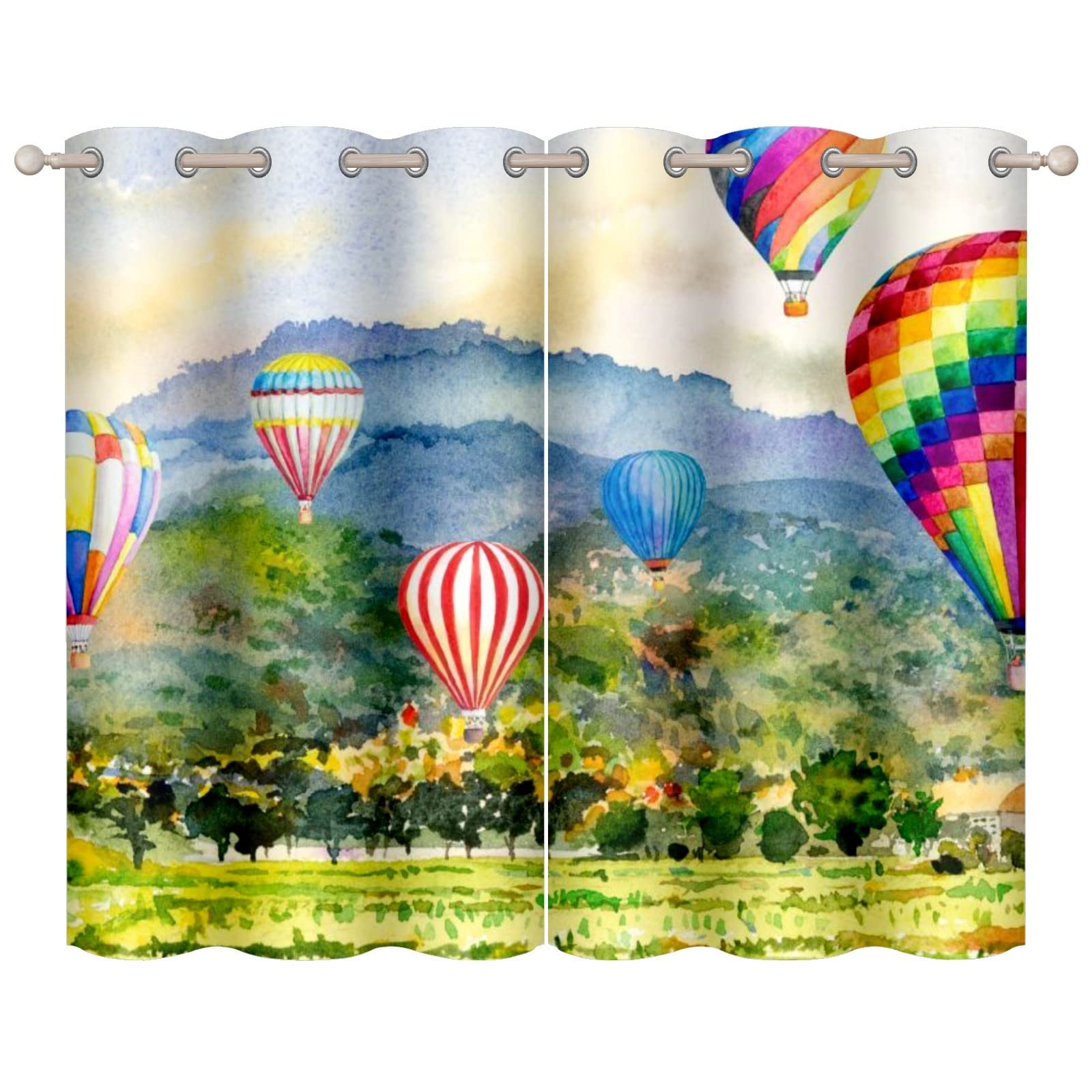 Hot Air Balloon Village Art Printed Curtains - 2 Panel Set with Pole Pockets for Kids' Room Decor | Boys' Bedroom, Living Room & Outdoor Play Area Window Treatments | Nursery, Playroom & Dorm Decorative Curtains