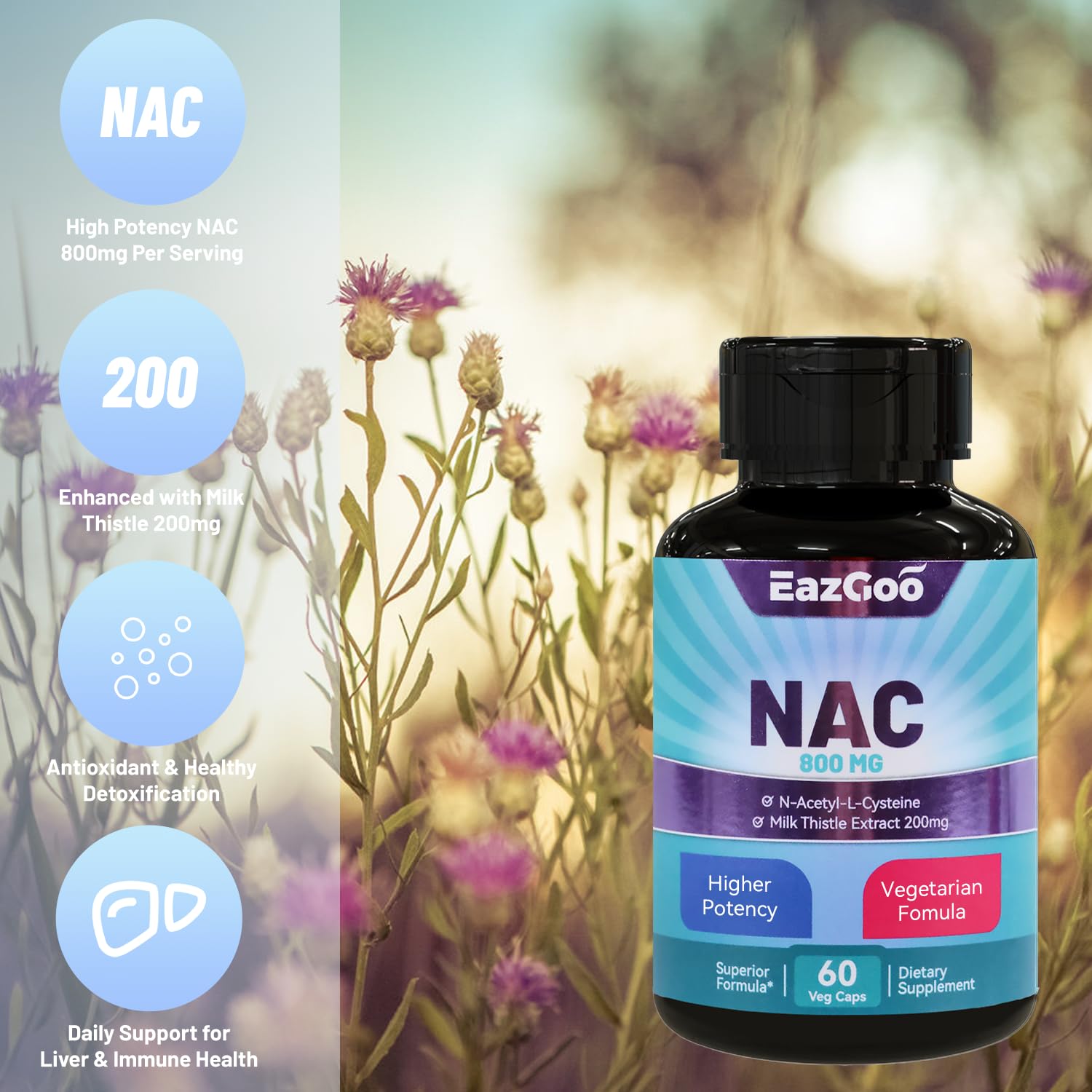 NAC Supplement N-Acetyl Cysteine 800mg with Milk Thistle 200mg | Non-GMO, Gluten Free | 60 Capsules | Supports Liver Detox & Immune Health | Perfect for Daily Wellness & Antioxidant Support
