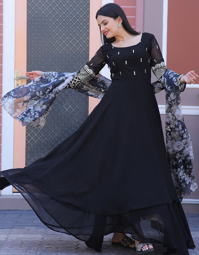 Elegant Black Faux Blooming Gown Dress for Women - Perfect for Evening Parties, Weddings & Special Occasions