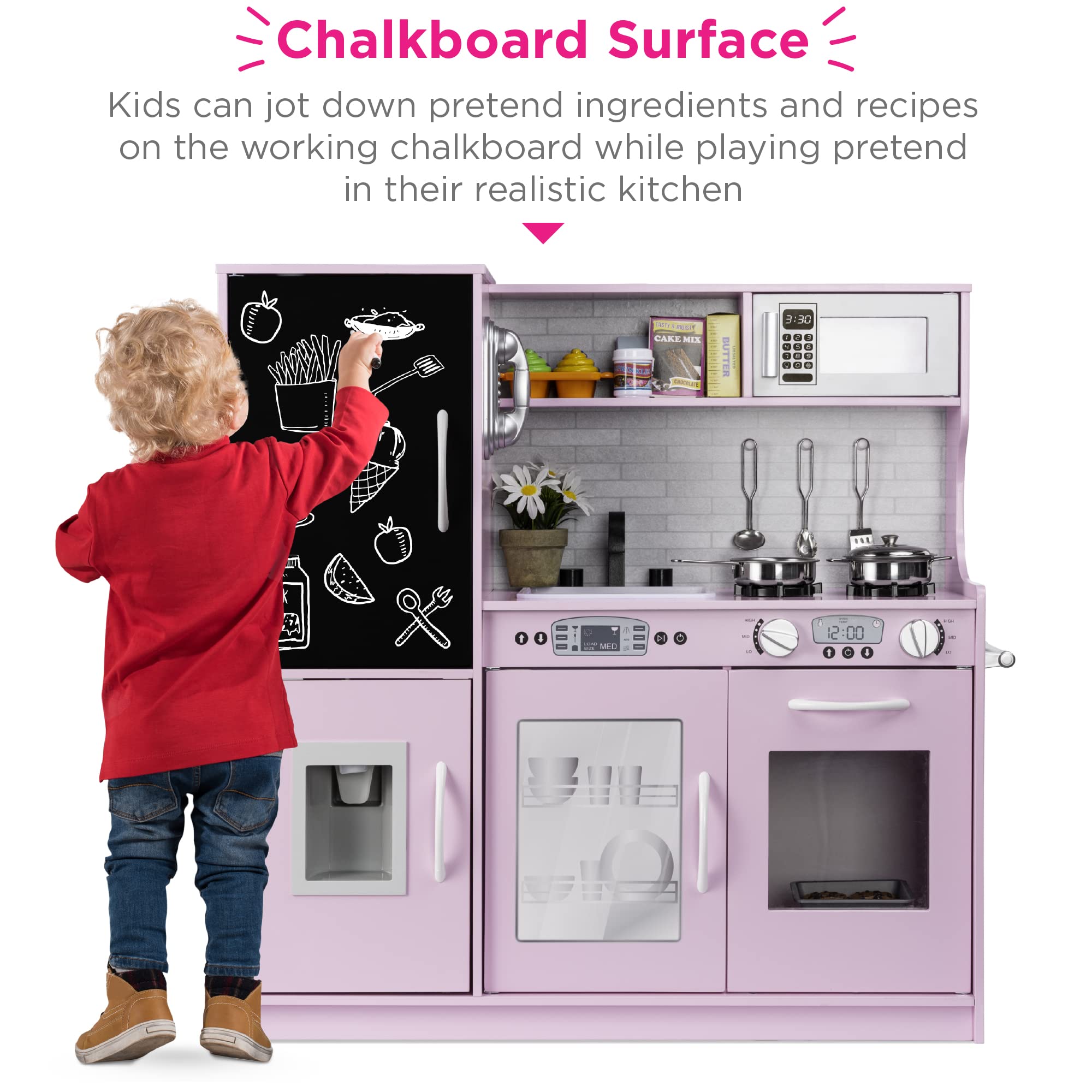 Best Choice Products Wooden Pretend Play Kitchen Toy Set for Kids - Realistic Design with Telephone, Utensils, Oven, Microwave & Sink - Pink | Perfect for Imaginative Play, Role-Playing & Early Learning Development
