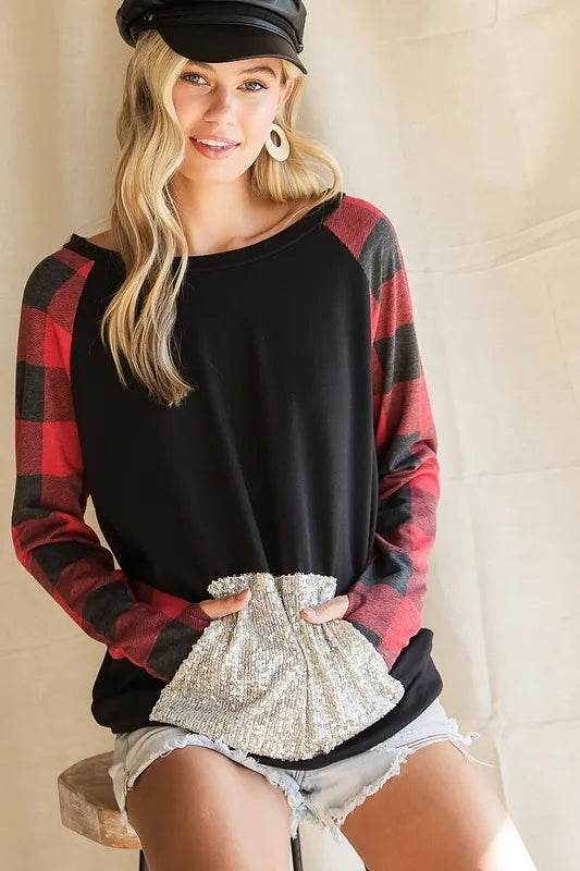 French Terry Top with Sequins & Kangaroo Pocket - Black/Red Checkered Women's Casual Shirt for Everyday Wear & Layering