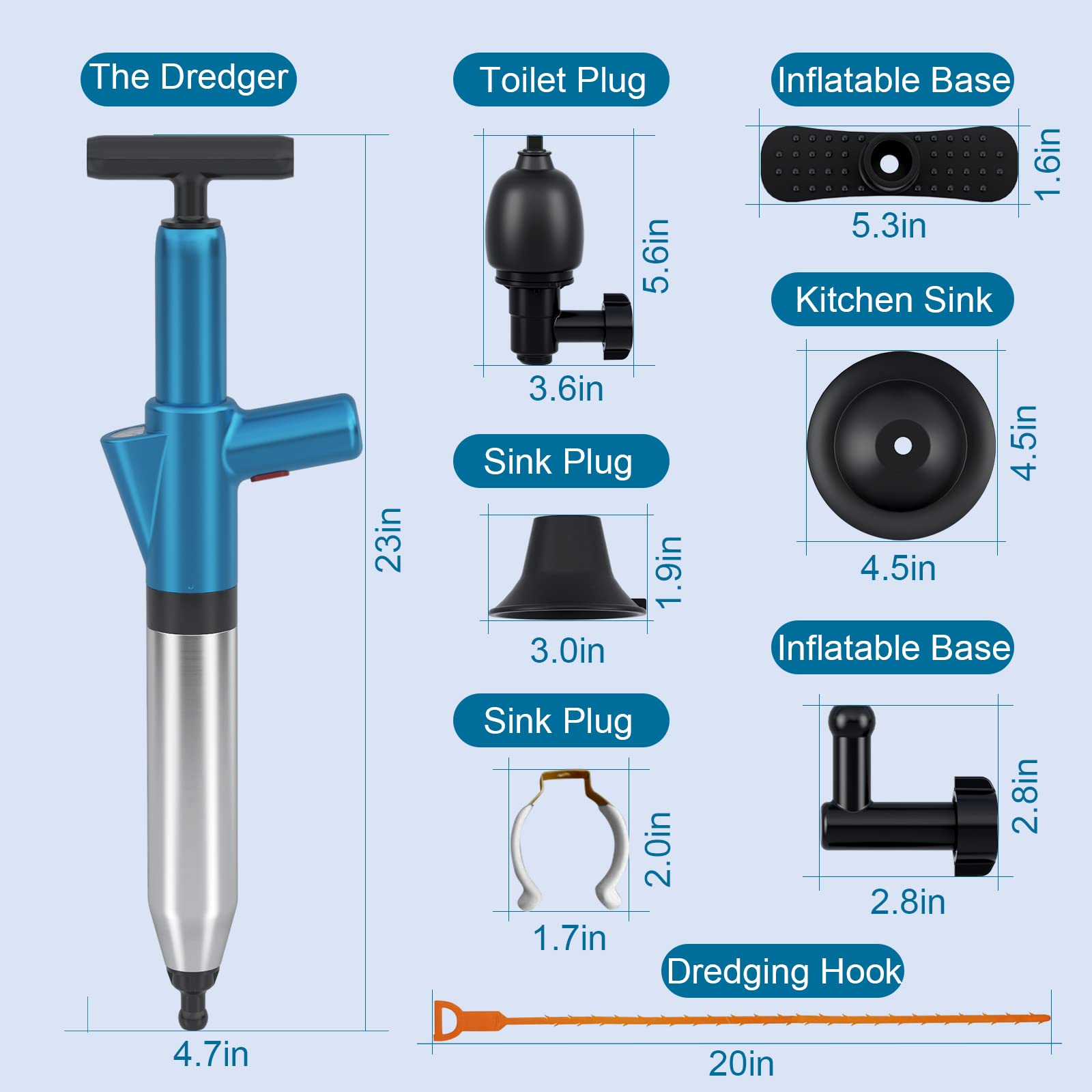 Stainless Steel Toilet Plunger - High Pressure Drain Blaster with Visual Barometer - Manual Clog Remover for Toilets, Sinks, Bathroom Pipes & Floor Drains - Perfect for Home, RV & Commercial Use