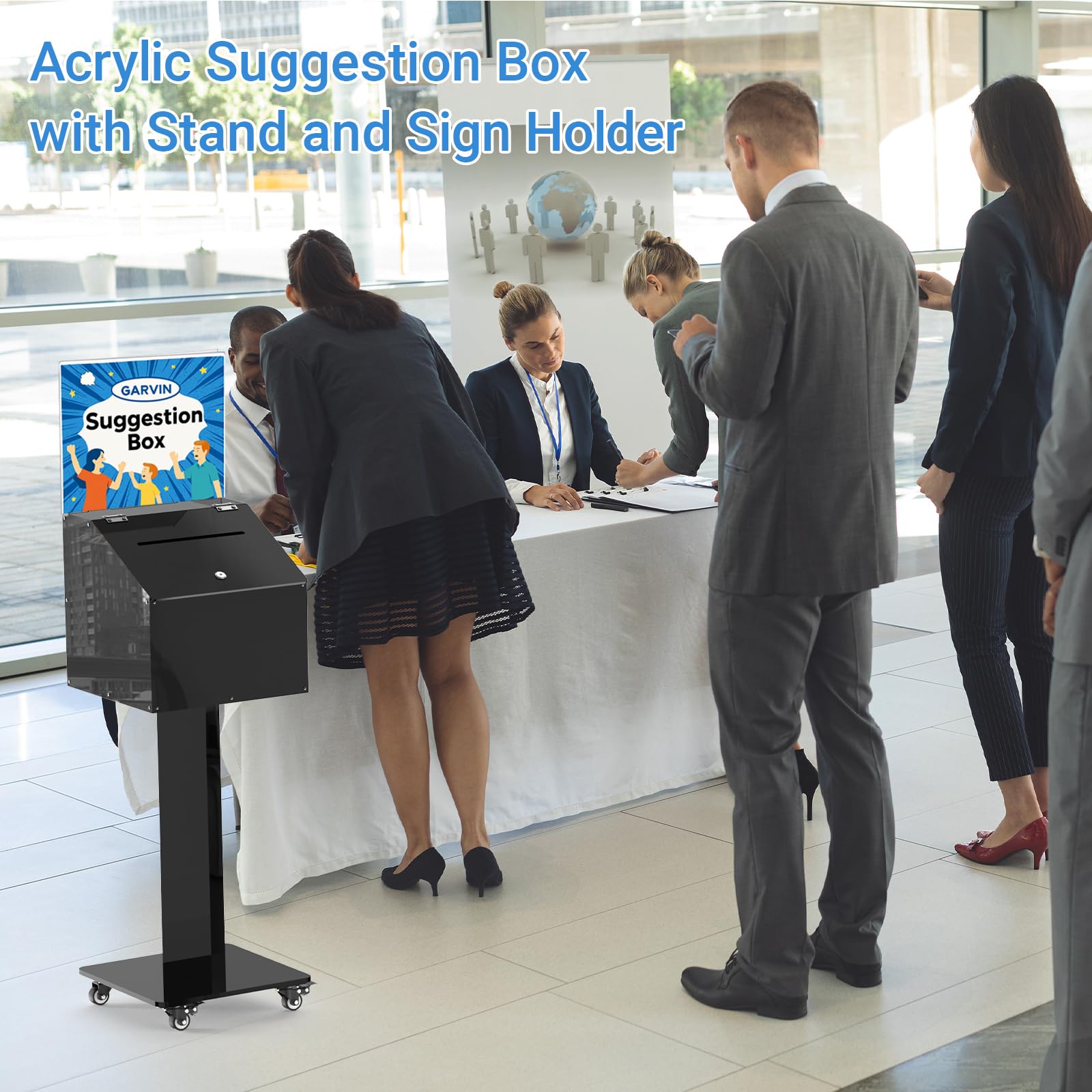 GARVIN Lockable Acrylic Suggestion Box with Key - Secure Voting & Fundraising Solution for Churches, Charity Events, Raffles & Ballot Collections - Includes Sign Holder Display Stand & Locking Casters - Ideal for Church Offerings, Community Voting & Event Fundraising - Black