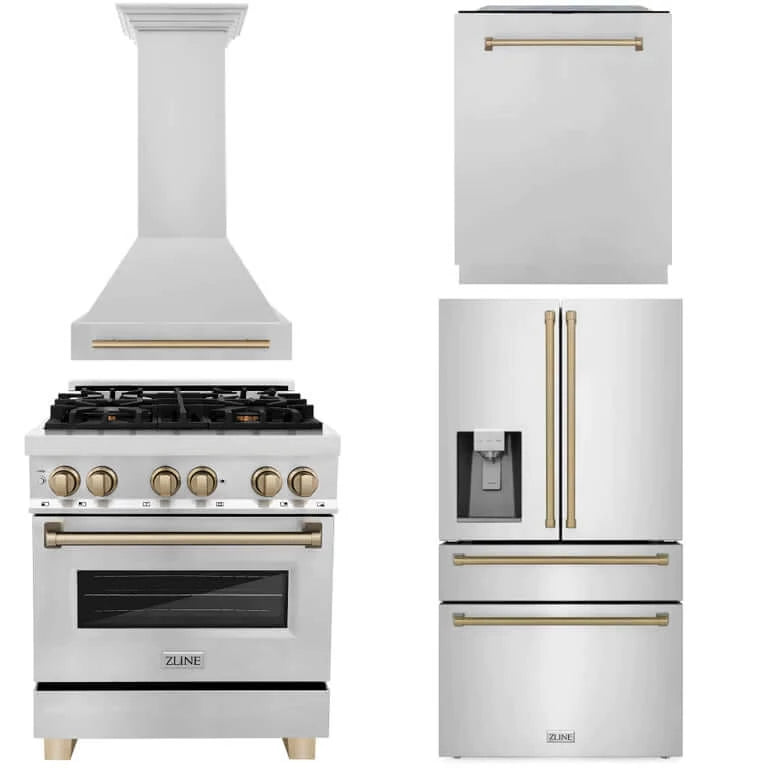 ZLINE Autograph Edition 30-inch Stainless Steel Dual Fuel Range Kitchen Package with Range Hood, Dishwasher & Refrigerator - Champagne Bronze Accents (4AKPR RARHDWM30 CB) | Premium Kitchen Appliances for Modern Homes & Professional Chefs