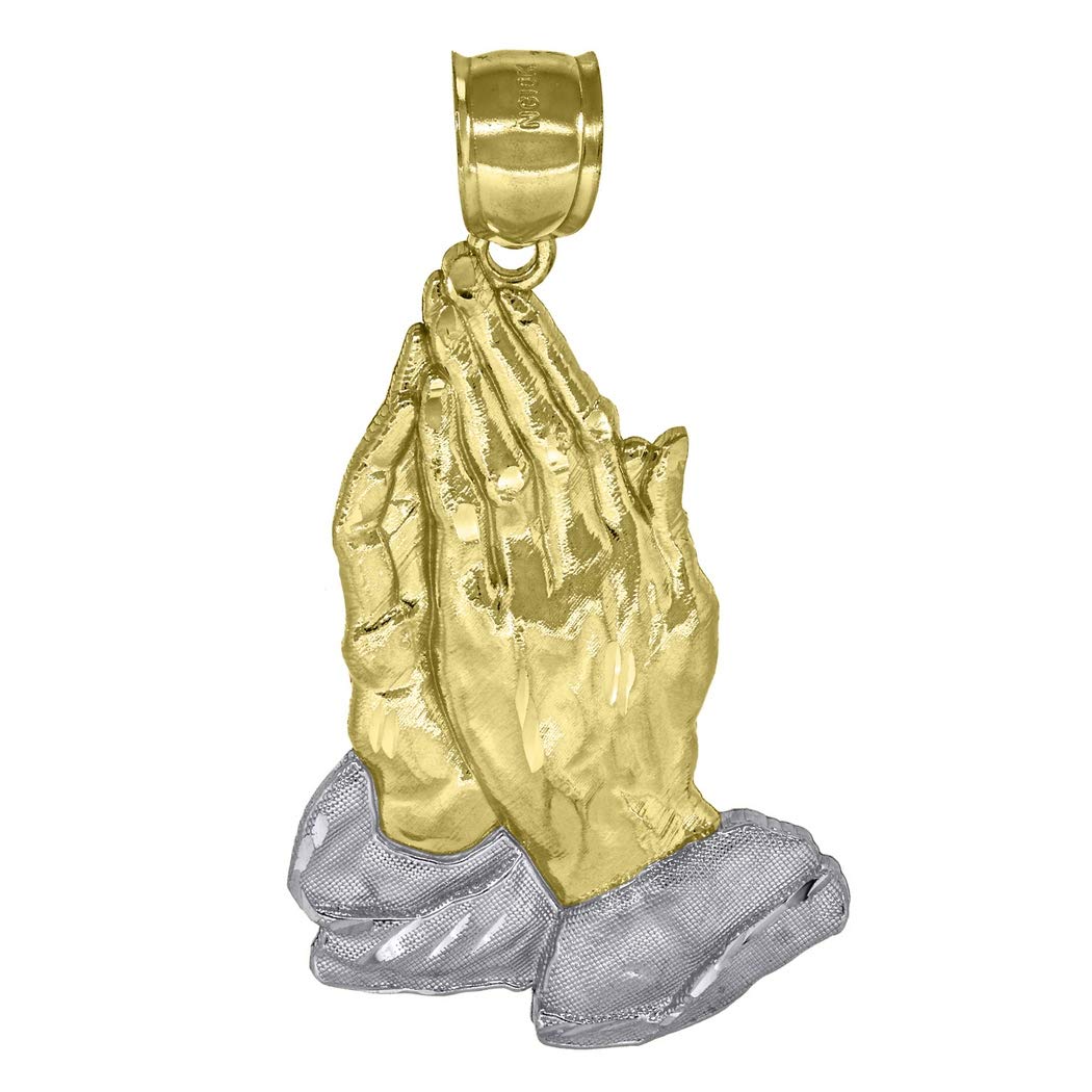 10K Gold Two-Tone Textured Men's Praying Hands Pendant Necklace - 49.4mm Height x 25.7mm Width - Religious Jewelry Gift for Him - Perfect for Church, Weddings & Daily Wear
