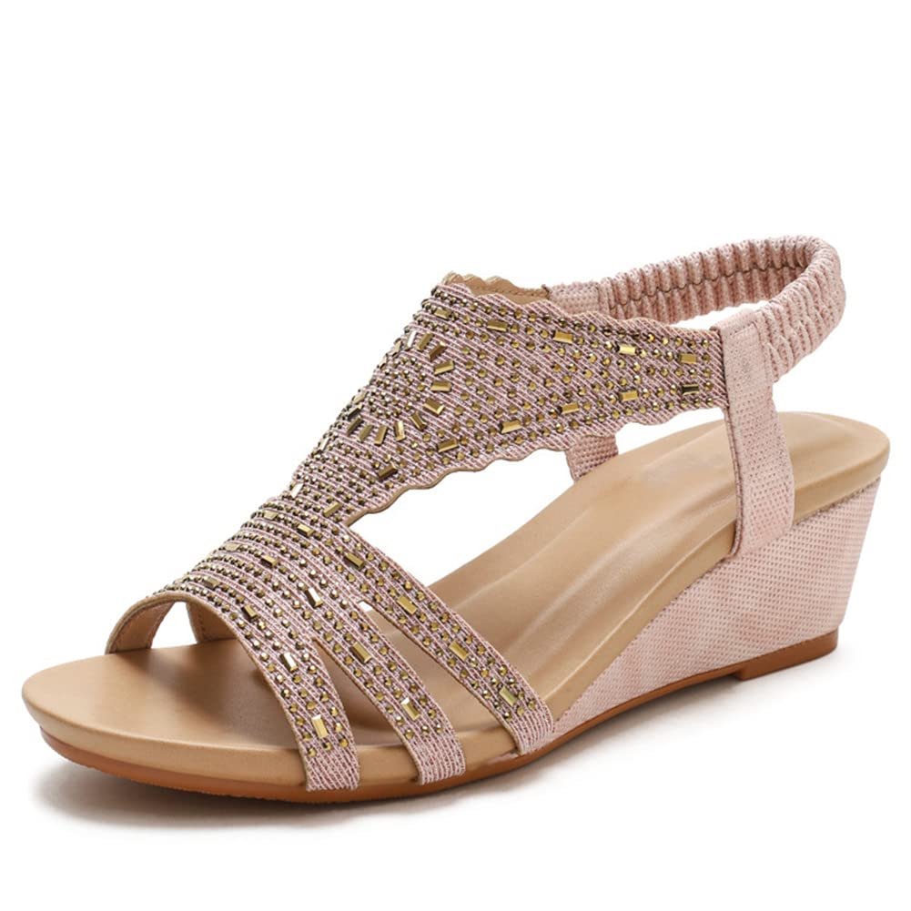 Women's Flat Wedge Sandals - Comfortable Walking Shoes for Summer, Beach, and Casual Wear - Open Toe Bohemian Roman Sandals - Black & Pink - Size 38 EU - Perfect for Vacations, Outings, and Everyday Style