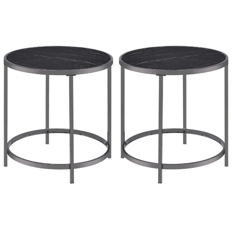 Black Faux Marble Glass Round End Table Set of 2 - Modern Side Table for Living Room, Bedroom & Office Decor