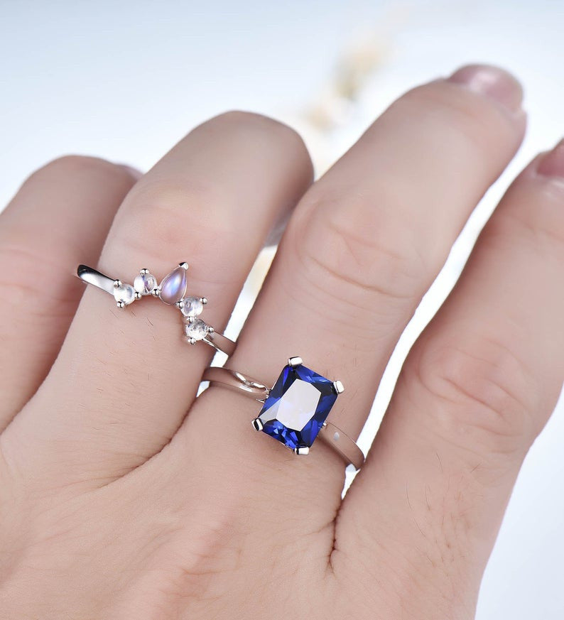 Solitaire Blue Emerald Sapphire Moonstone Engagement Ring Set - 2 Piece Wedding Band for Women, Vintage Bridal Jewelry | Perfect for Proposals, Anniversaries & Special Occasions