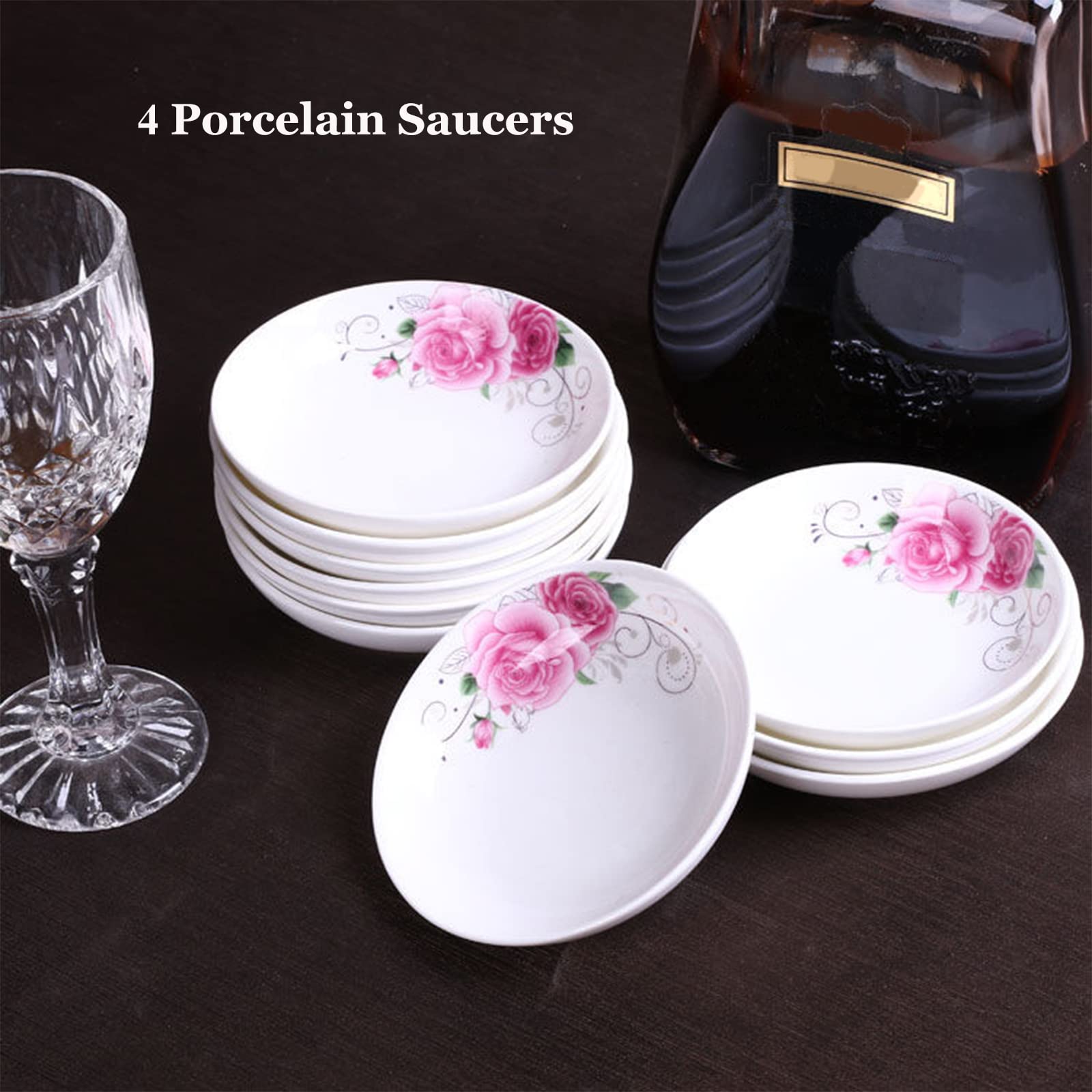 4-Pack Floral Ceramic Saucer Dishes - 4 Inch Decorative Appetizer Plates for Sushi, Snacks, Condiments & Seasonings | Perfect for Japanese Dining, Tea Parties & Home Decor