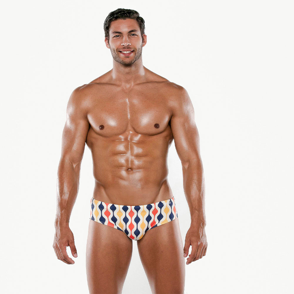Code 22 Groovy Enhancing Swim Brief 23061 Yellow/Navy - High Waisted Men's Swimwear for Beach, Pool & Water Sports