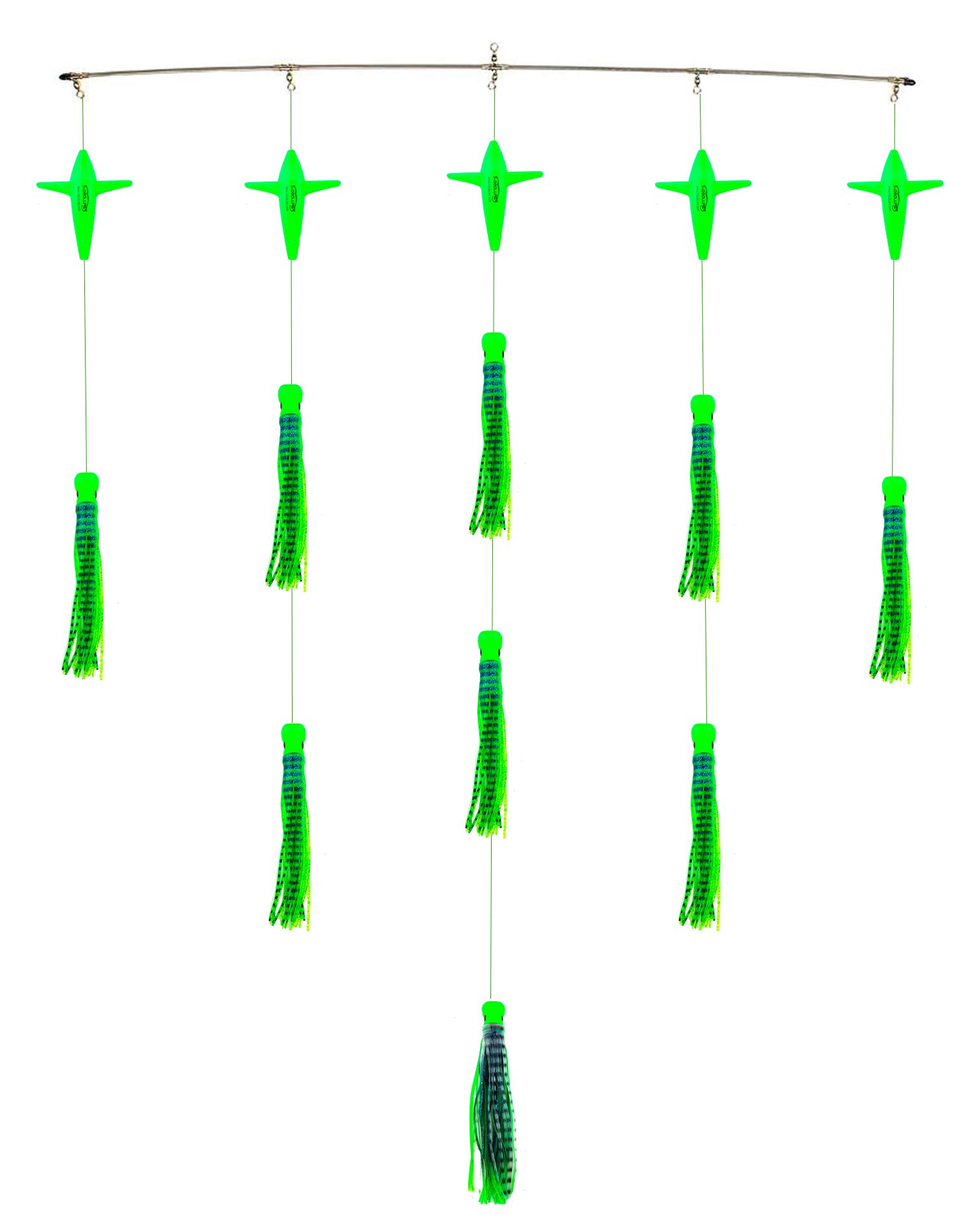 36-Inch Skipjack Hybrid UV 8-Inch Green Mackerel Fishing Lures with Splash Bar - Bigeye Tuna Spreader Bar Kit (5 Birds) - Made in USA - Perfect for Offshore Tuna Fishing & Saltwater Angling - Ideal for Deep Sea Fishing, Trolling, and Game Fish Attraction