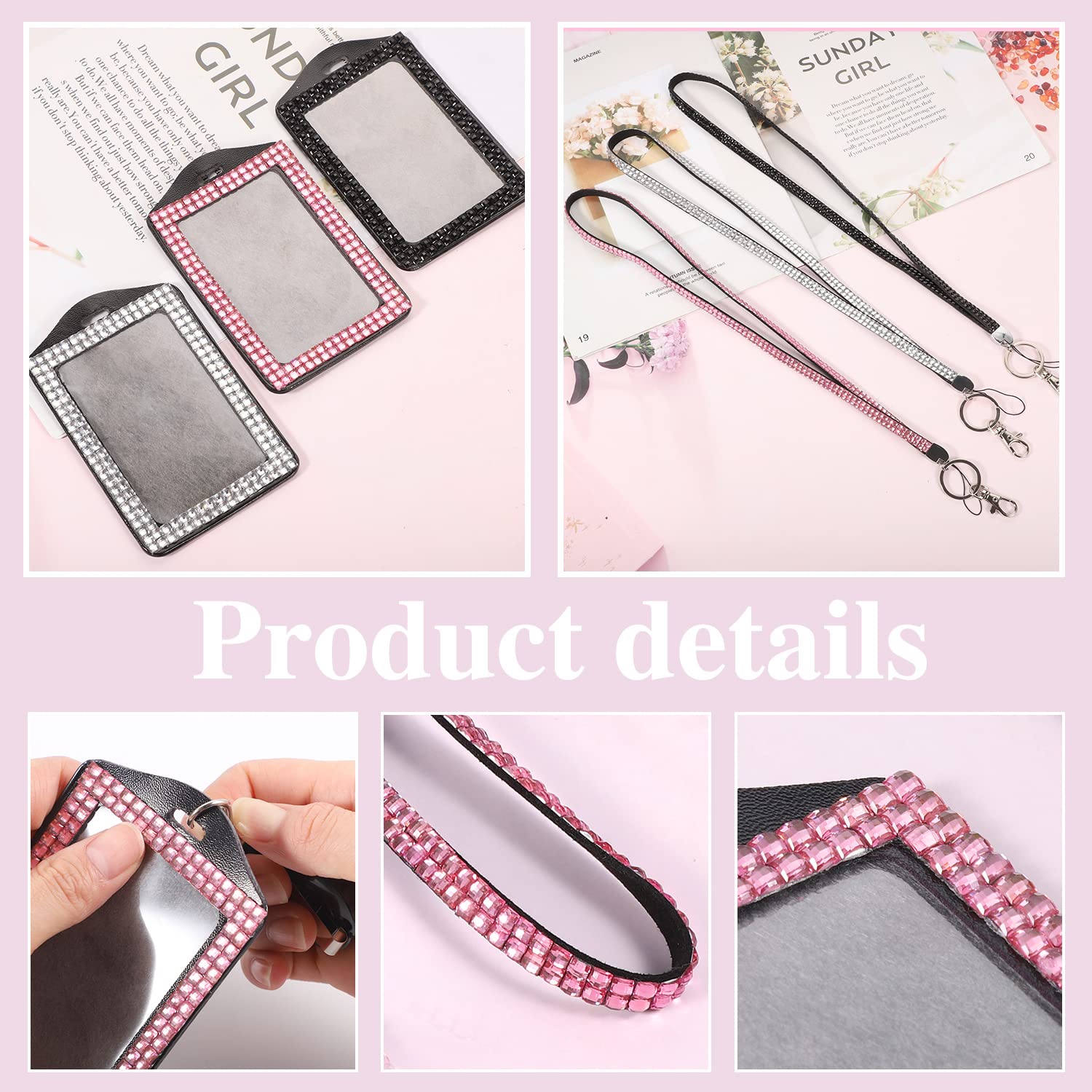 3-Pack Rhinestone Lanyards for Women - Bling ID Badge Holders for Teachers, Students & Kids - Office & School Use
