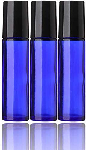 DINEMART 10ml (1/3oz) Empty Glass Roll On Bottles with Stainless Steel Roller Ball - Cobalt Blue Aromatherapy Bottles for Essential Oils, Perfume & Lip Balm (Set of 3) - Perfect for DIY Skincare, Travel & Gift Packaging
