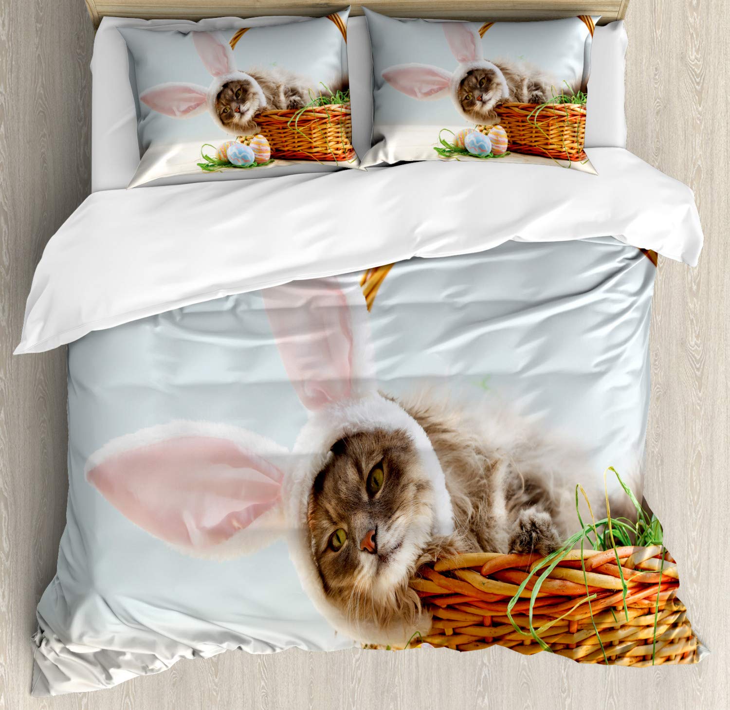 Ambesonne Easter Bunny Duvet Cover Set - Fluffy Cat with Pink Rabbit Ears in Easter Basket with Dyed Eggs - 3 Piece Queen Size Bedding Set with 2 Pillow Shams - Multicolor Spring Decor for Bedroom, Easter Gift, Holiday Home Decor