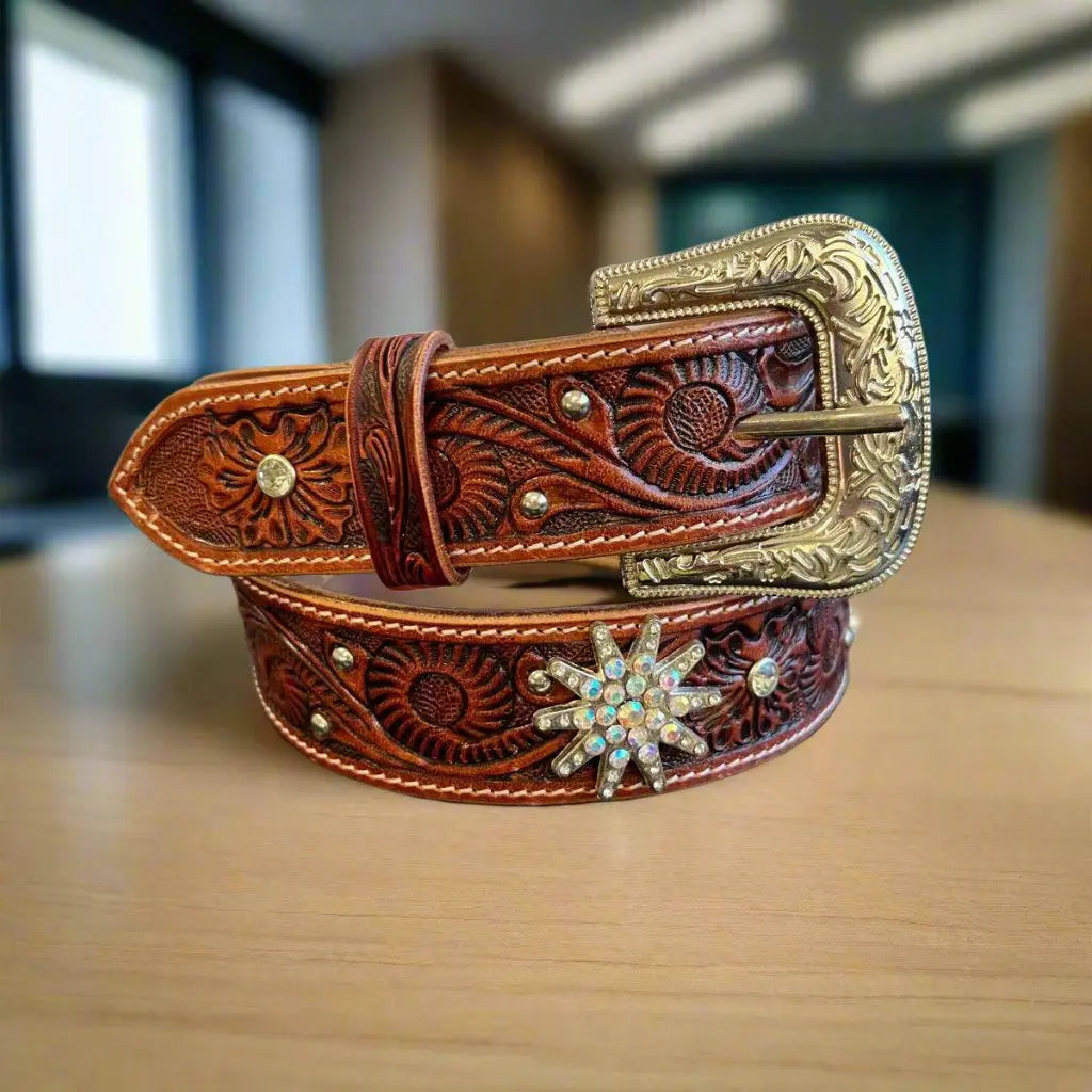 Women's Fashion Western Leather Belt with Embossed Bling Stars - Perfect for Cowgirl Outfits & Country Style Accessories