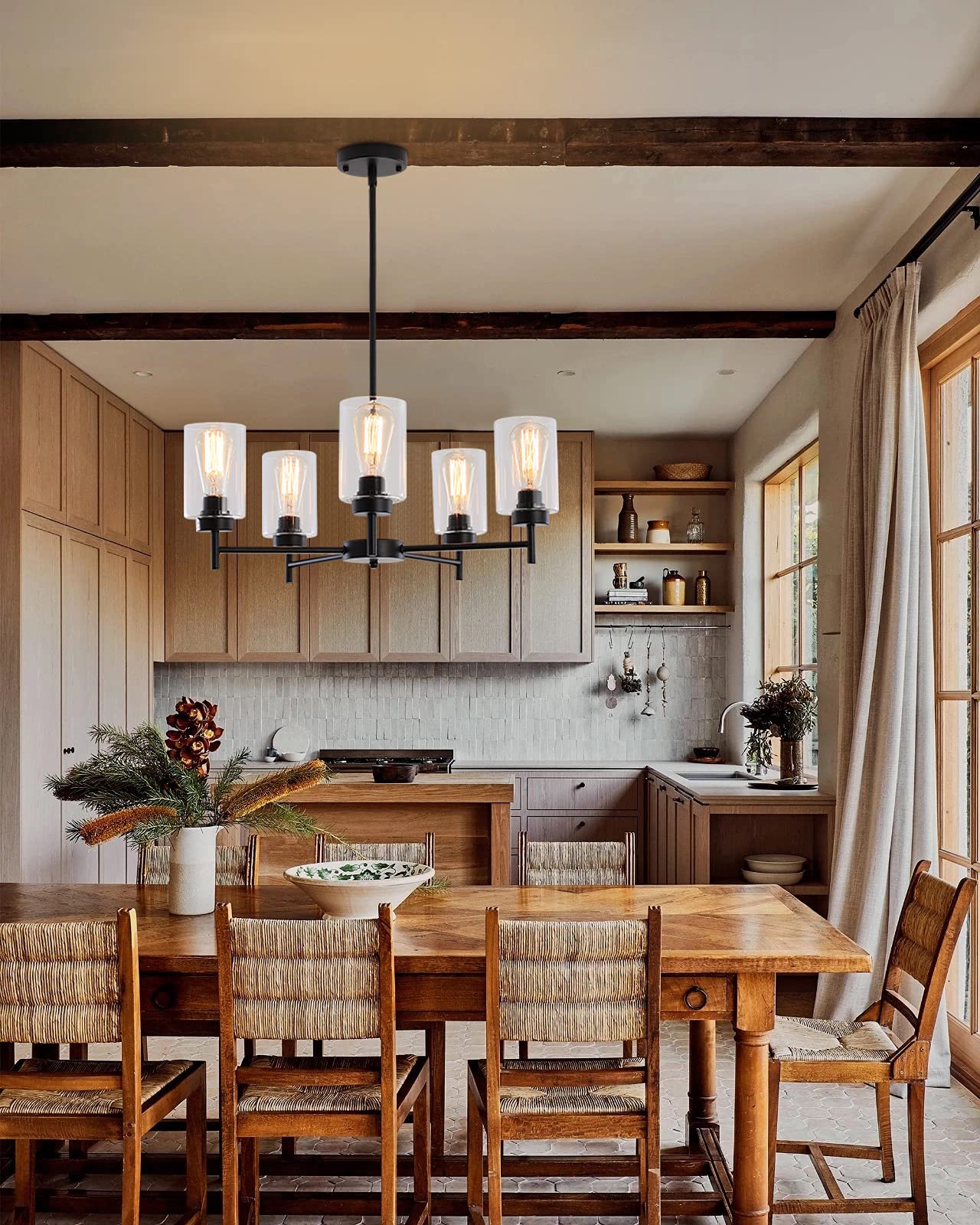 Black Farmhouse Chandelier - 5-Light Industrial Ceiling Pendant with Clear Glass Shades for Dining Room, Living Room, Bedroom, Kitchen & Foyer | Rustic Home Lighting Fixture for Modern Farmhouse Decor