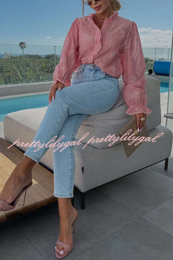 Stylish Stripe Print Embroidered Long Sleeve Casual Shirt for Men & Women | Comfortable Cotton Blend Top for Work, Date Night & Everyday Wear