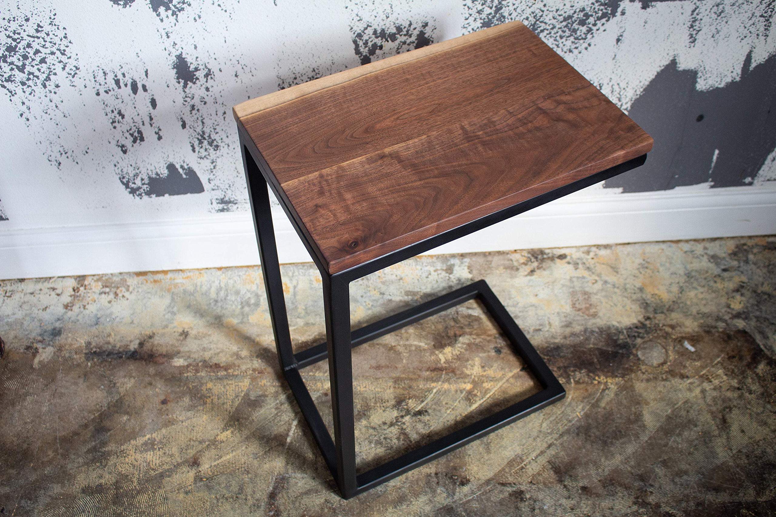 Hazel Oak Farms Live Edge Walnut Wood Industrial Side Table - Rustic C-Shaped End Table for Living Room, Bedroom & Office Decor