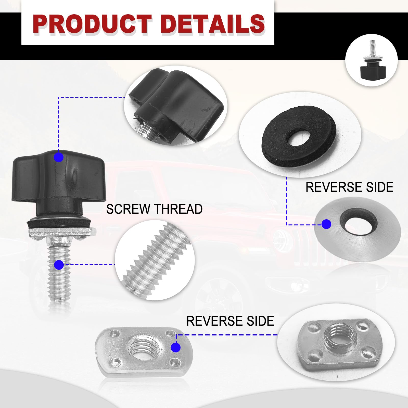 Universal Thumb Screw Kit for Jeep Wrangler Hard Top - Quick Removal Fastener Compatible with YJ TJ JK JKU (1995-2018) 2/4 Door Models Including Sport, Sahara, Rubicon & Unlimited - Easy Install & Secure Fit for Off-Road Adventures & Daily Driving