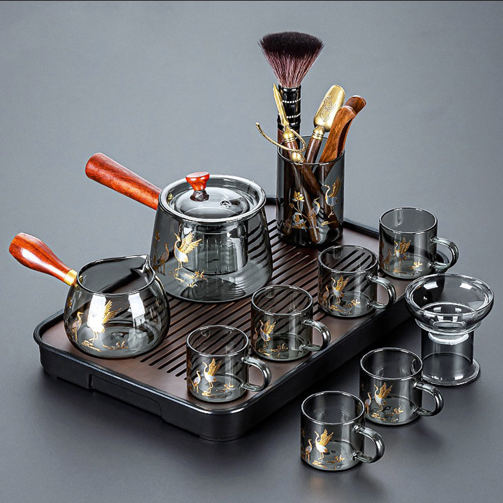 Premium Ink Glass Tea Set with Golden Crane Design - Elegant Ceramic Teapot & Cups for Home, Office, or Gift - Perfect for Chinese Tea Ceremonies, Afternoon Tea, and Relaxation