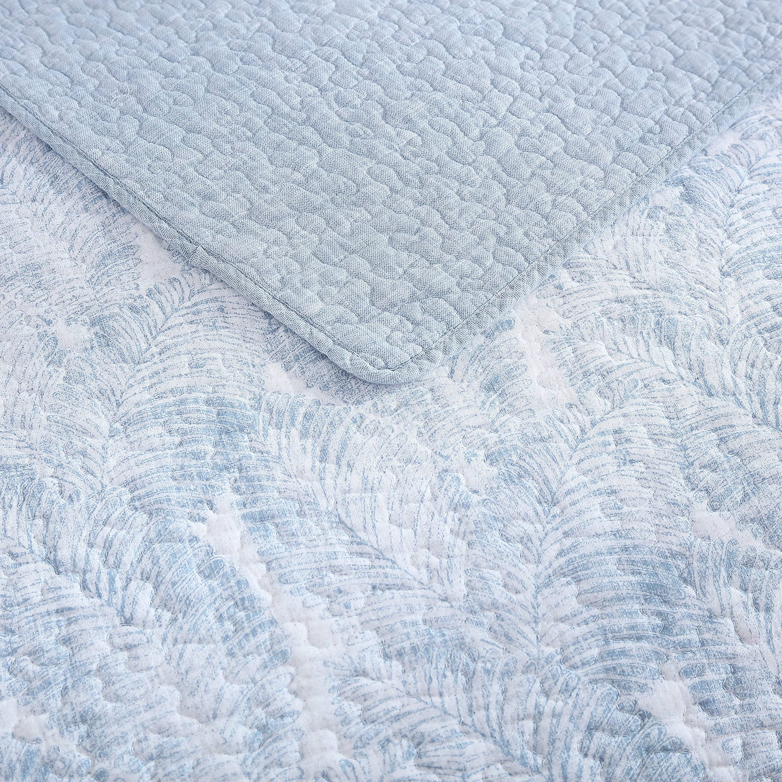 Tommy Bahama King Size Reversible Cotton Quilt Set with Matching Sham - Coastal Bedding in Distressed Water Leaves Blue, Textured Reverse for Comfort & Style | Perfect for Beach House, Guest Room & Coastal-Themed Bedrooms